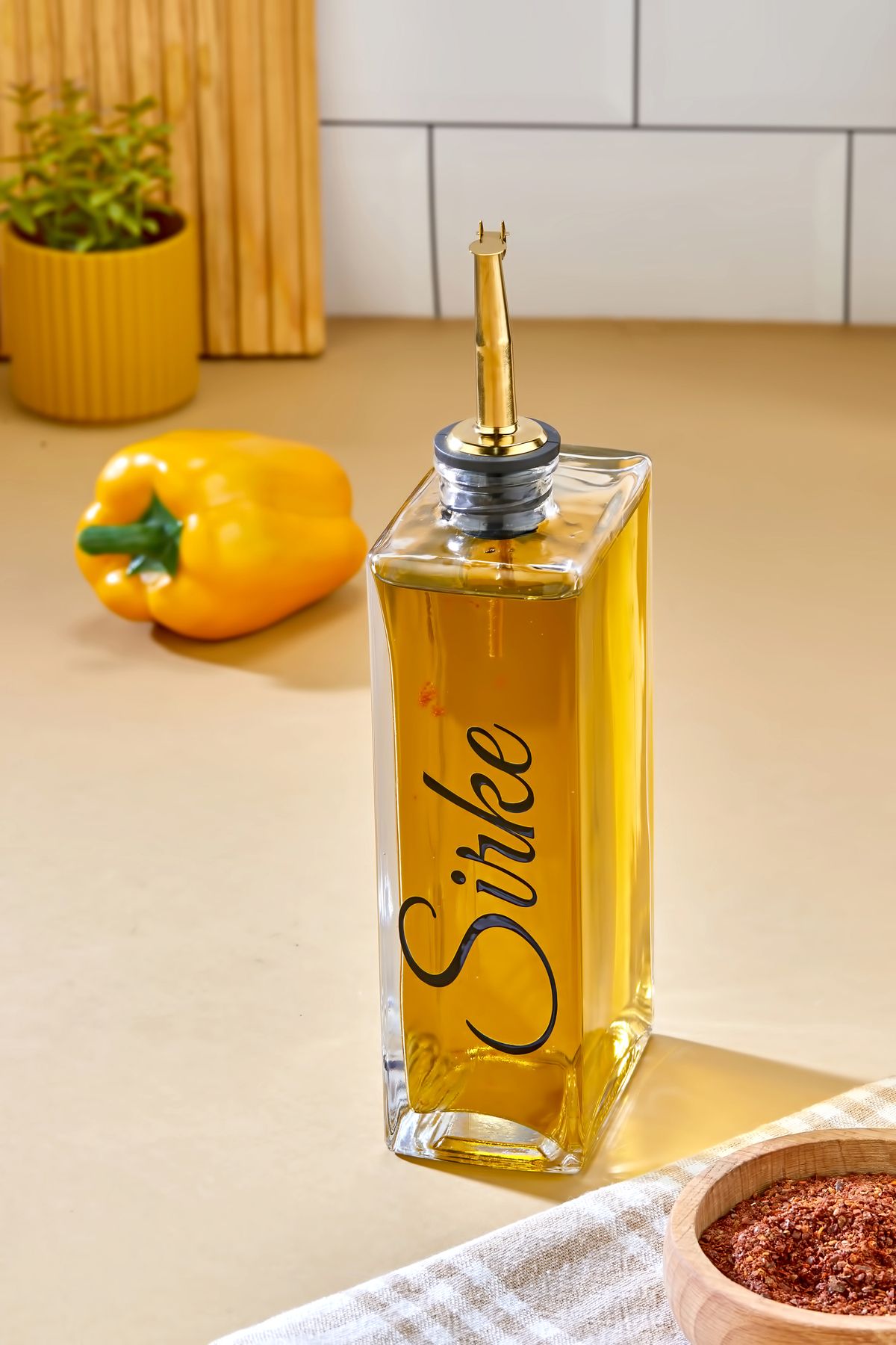 MODA OZY 1 Adet Cam Yağdanlık Metal Gold Kapaklı Transfer Etiketli Ayçiçek/Zeytinyağı/Sirke/Narekşisi 500ml