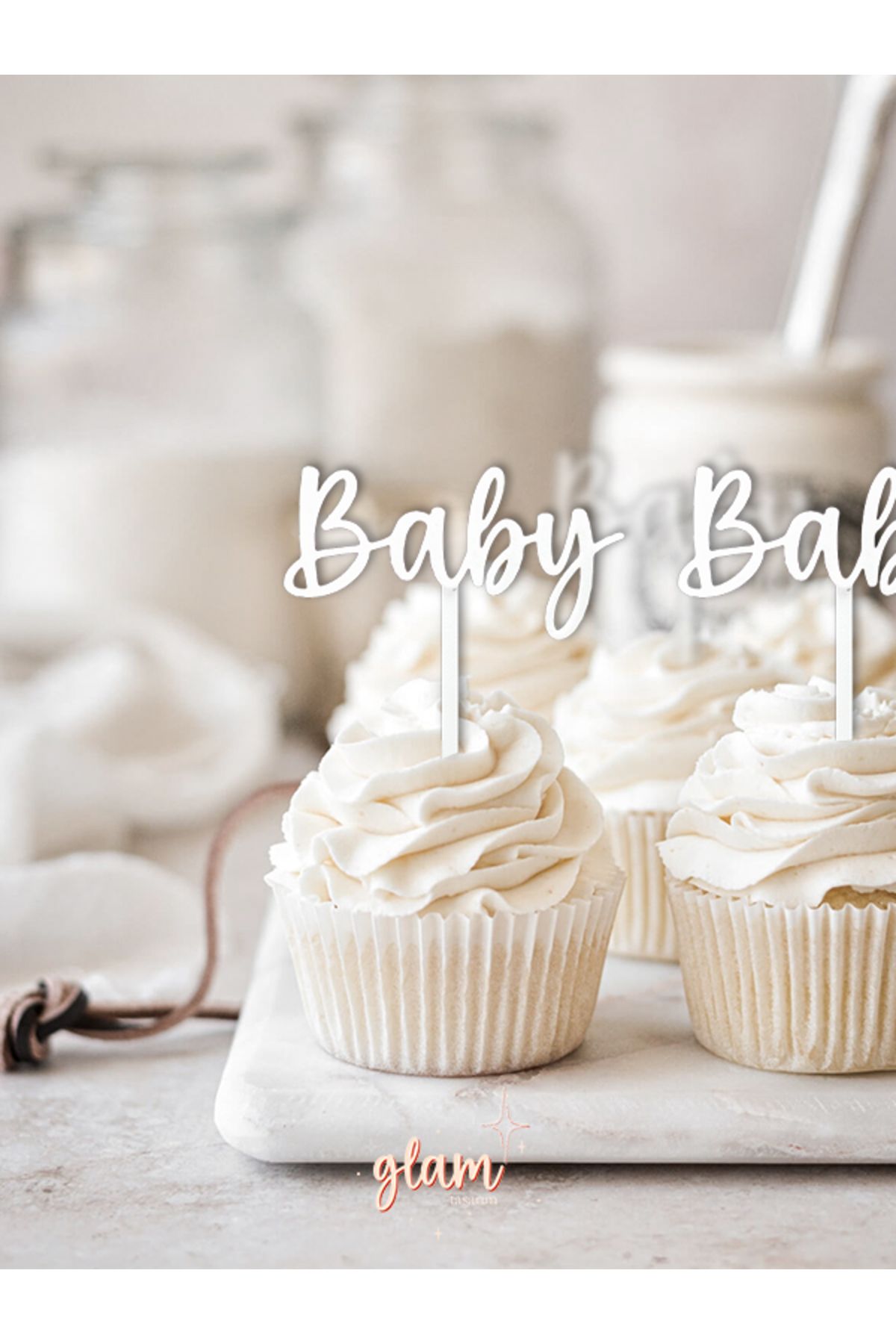 GLAM DEKORASYON Beyaz Renk Baby Yazılı Bebek Doğum Günü Cinsiyet Partisi Baby Shower Pasta Kürdanı Kek Tatlı Süsleri