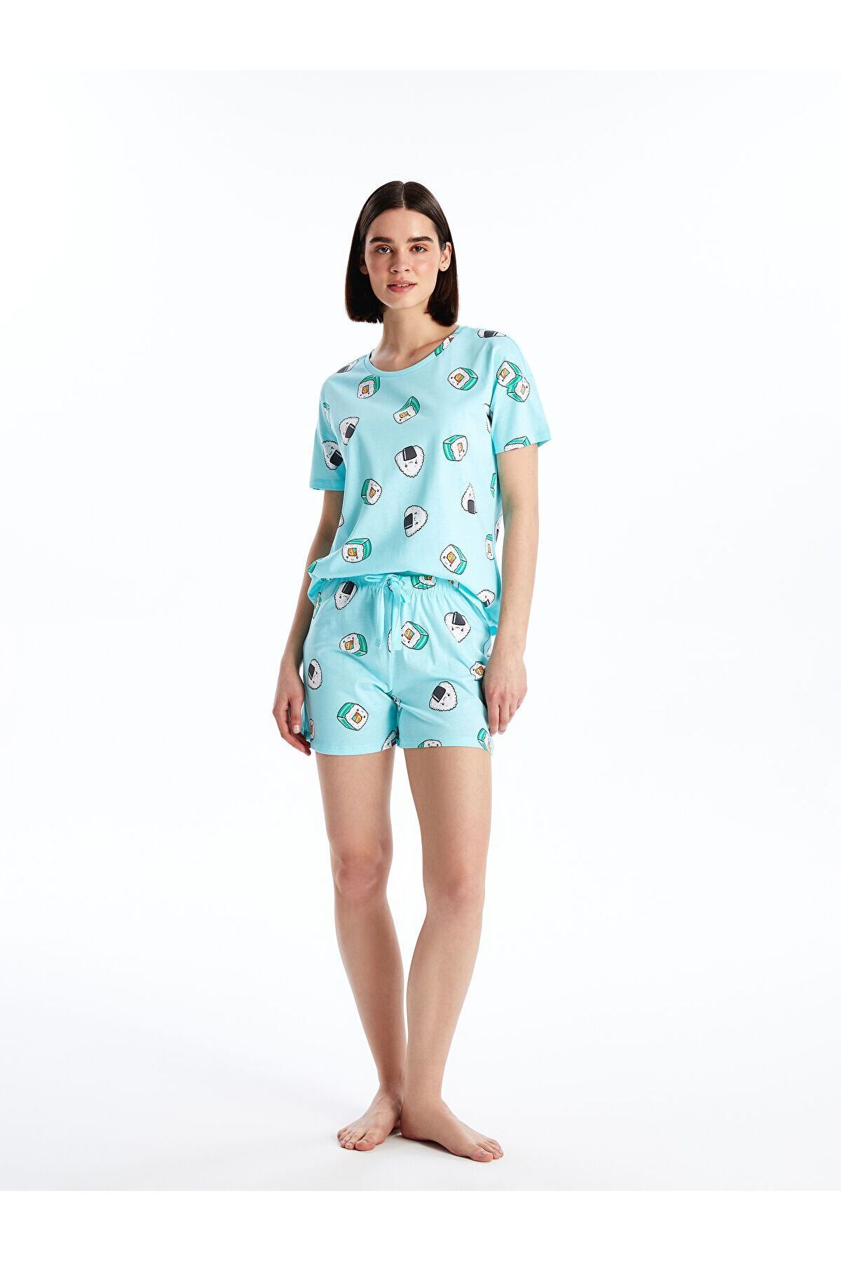 LC Waikiki Bisiklet Yaka Baskılı Kısa Kollu Kadın Şortlu Pijama Takımı