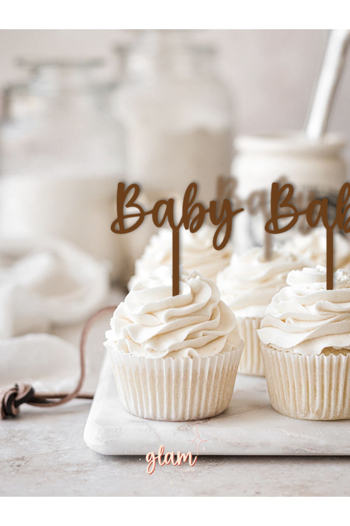 GLAM DEKORASYON Kahverengi Baby Yazılı Bebek Doğum Günü Cinsiyet Partisi Baby Shower Pasta Kürdanı Kek Tatlı Süsleri