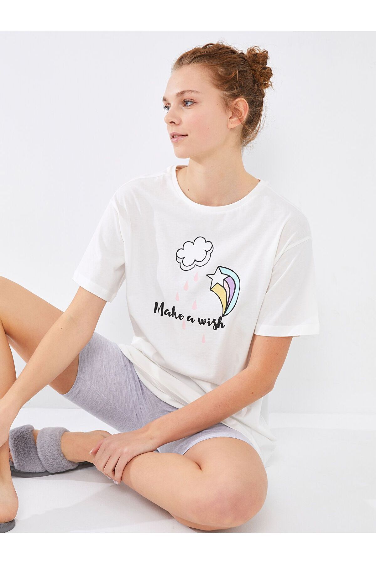 LC Waikiki Bisiklet Yaka Baskılı Kısa Kollu Kadın Pijama Takımı