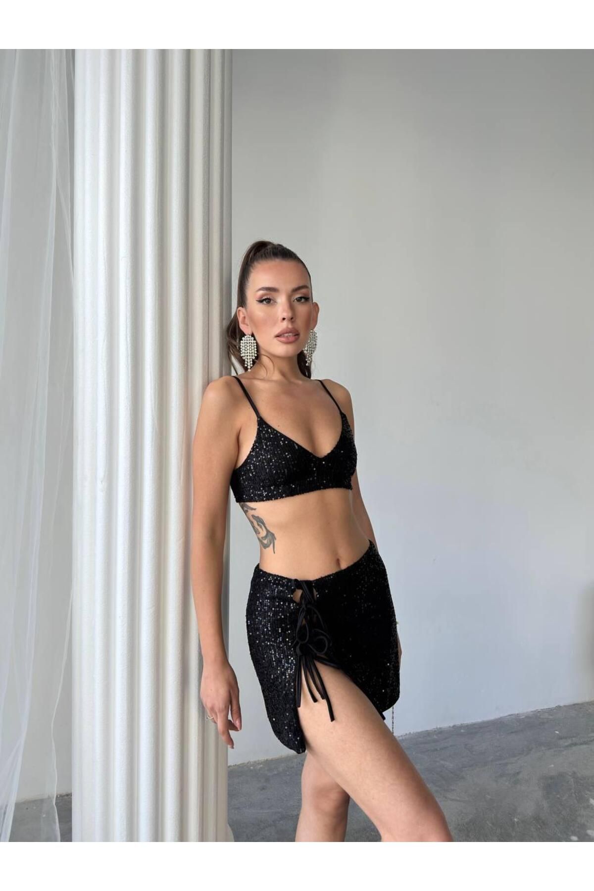 LOVE GO Kadın Kurdele Payet Bağcıklı Büstiyer İkili Takım Tatil,Plaj Yaz Akşamları Festival Kombini