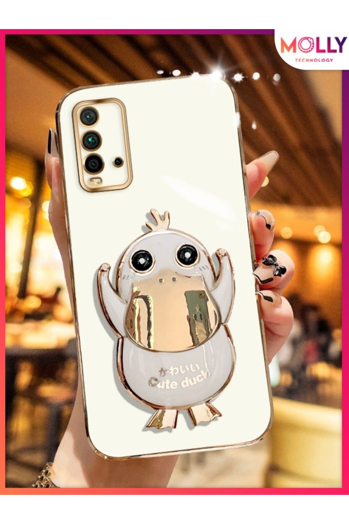 Molly Xiaomi Redmi 9T İçin İnci Beyazı Sevimli Ördek Standlı Kenarları Gold Detaylı Lüks Silikon Kılıf