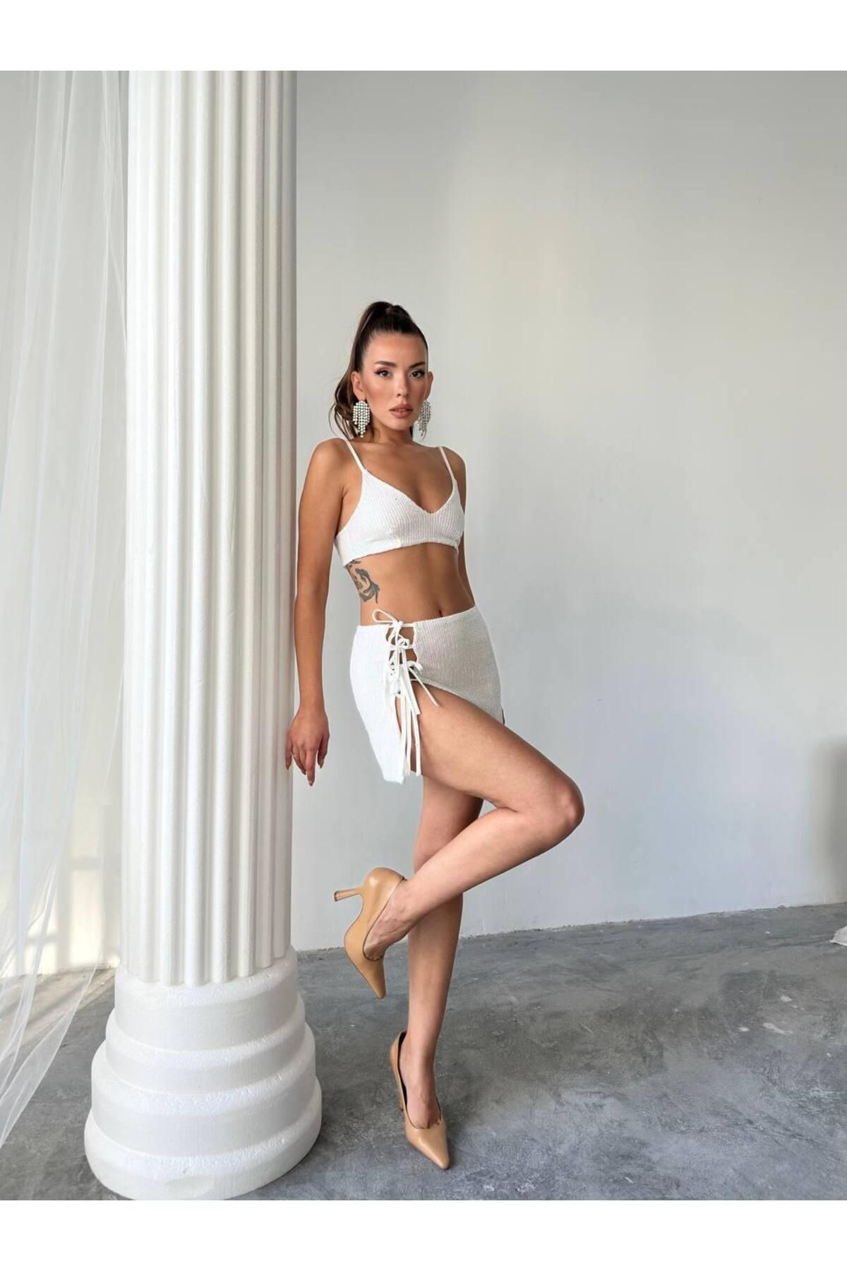 LOVE GO Kadın Kurdele Payet Bağcıklı Büstiyer İkili Takım Tatil,Plaj Yaz Akşamları Festival Kombini
