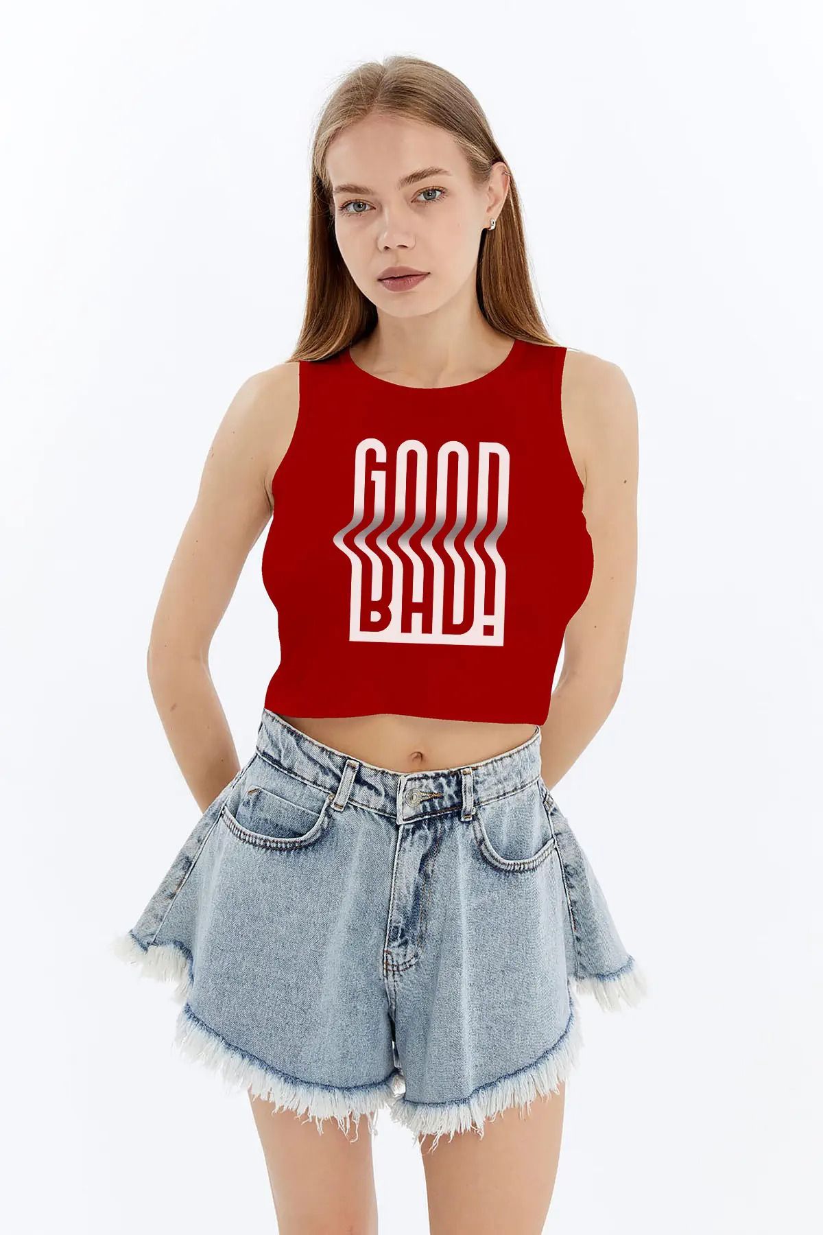 MYFORA Good Bad Desenli Viskon Kadın Crop Tişört