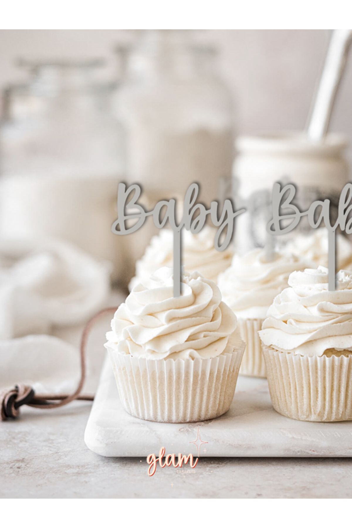 GLAM DEKORASYON Gri Renk Baby Yazılı Bebek Doğum Günü Cinsiyet Partisi Baby Shower Pasta Kürdanı Kek Tatlı Süsleri