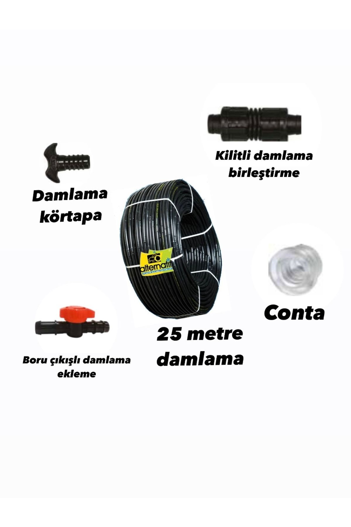 Alternatif Toplama Damlama Seti – 25m Boru + Conta + Mini Vana + Kör Tapa