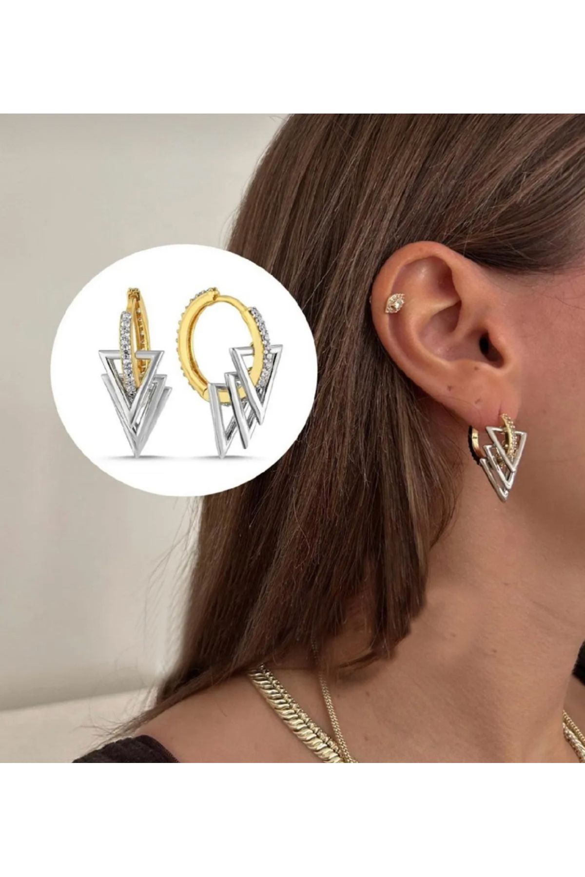 JEWELRY Üçgen Uçlu Çift Renk Çoklu Halka Küpe