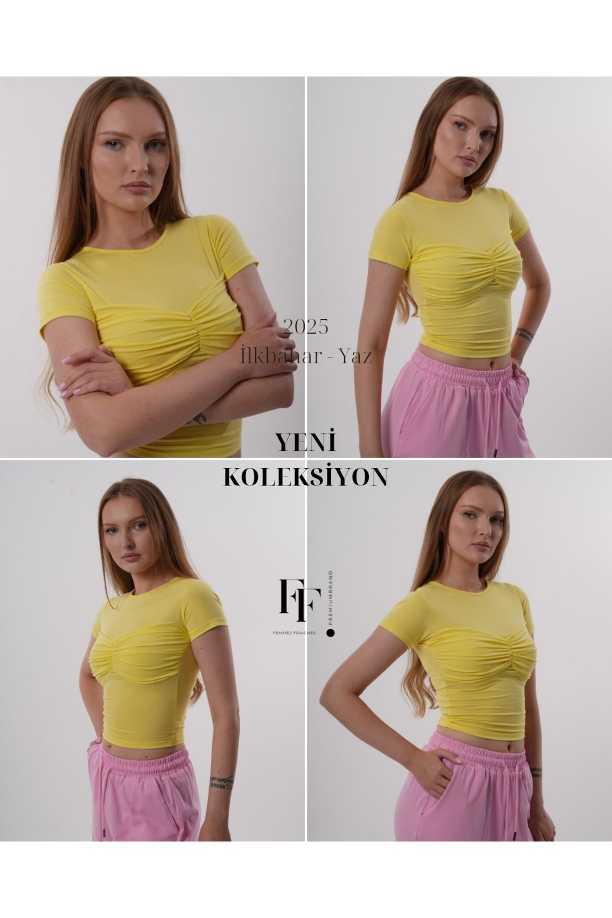 femmes fraiches Femmes F20 Büzgü Detay Sarı T-shirt