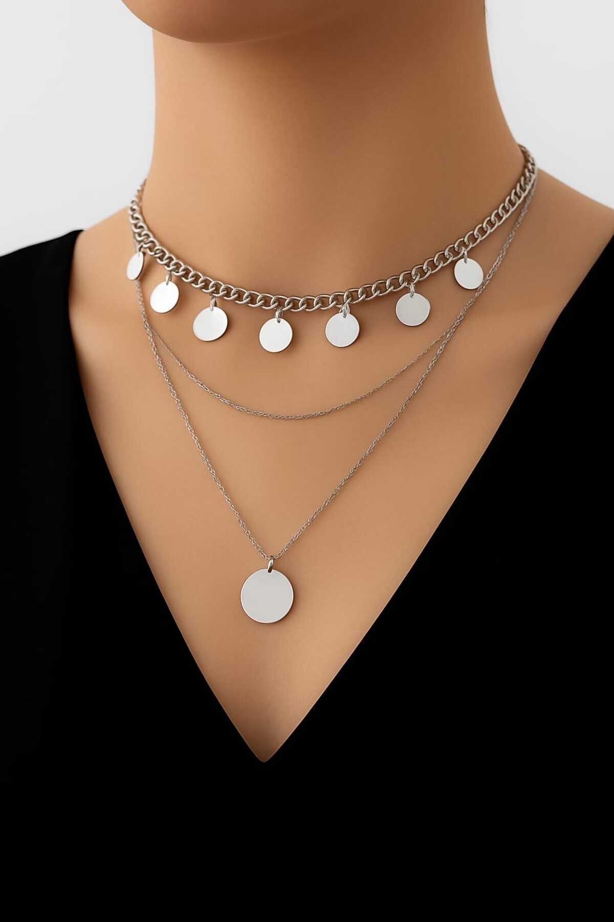 shop Zarifly Kadın Gümüş Renk 3 Katmanlı Pul Detaylı Kolye – Minimal Katmanlı Zincir Modeli