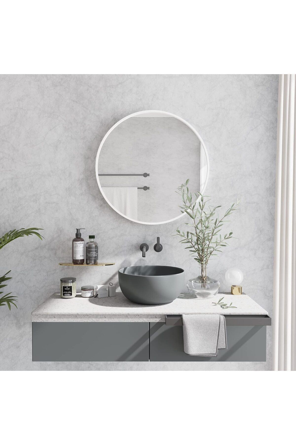 teknotrust ayna,yuvarlak ayna,banyo aynası Beyaz Dekoratif Yuvarlak Duvar Aynası 45cm