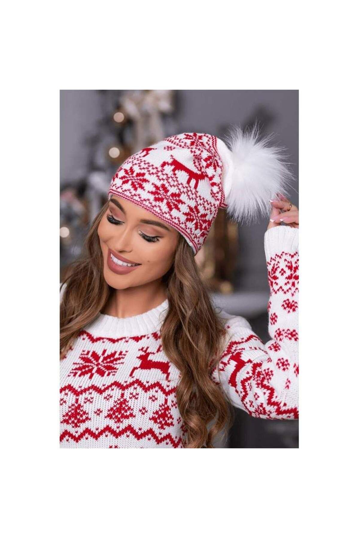 SIKS-Set de Crăciun pentru femei, set tricotaje 3 piese, rochie, șosete lungi, căciulă, alb/roșu, mărime universală 5