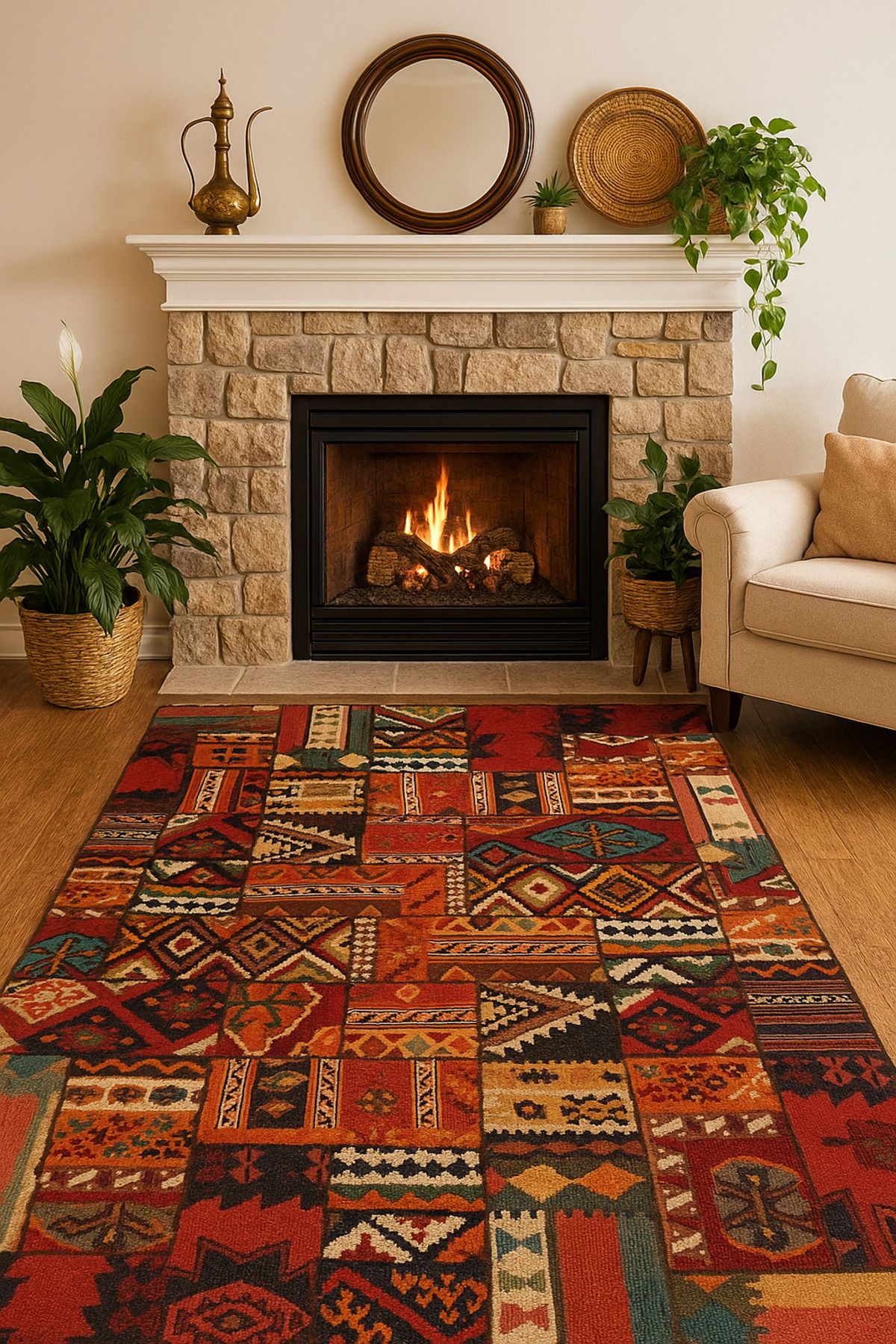 new colourse Otantik Patchwork Desenli Kaymaz Tabanlı, Makinede Yıkanabilir,Dekoratif Halı