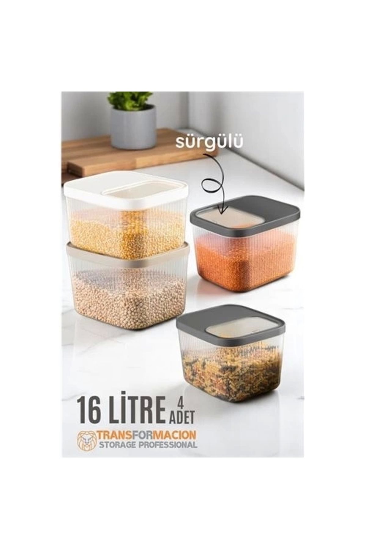 Generic Erzak Bakliyat Kutusu Sürgülü Kapak Saklama Kabı 16 Litre 4 ADET
