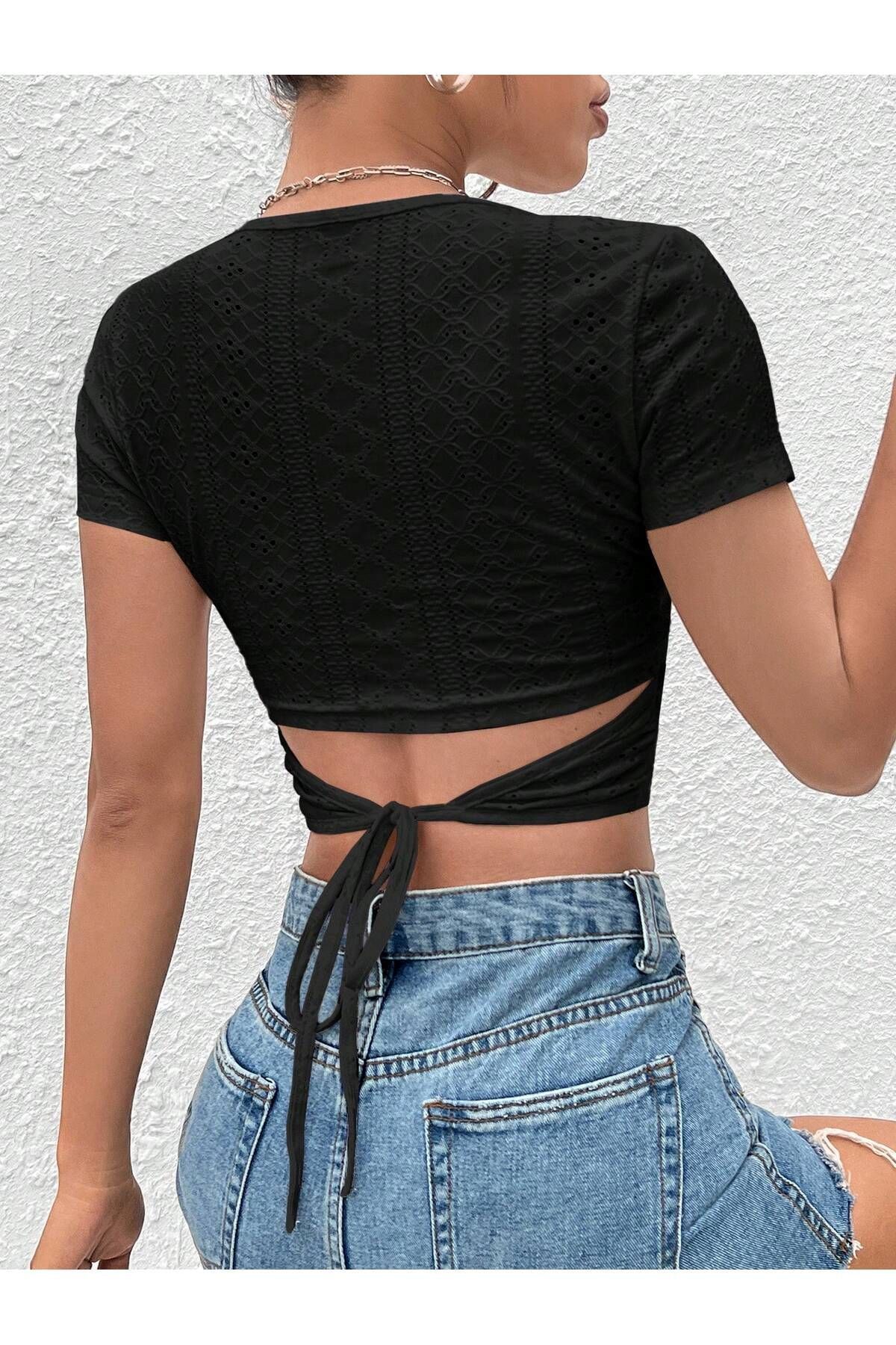 MEREN LİKE YOUR SYLE Siyah Belden Bağlamalı Kısa Kollu Crop Bluz