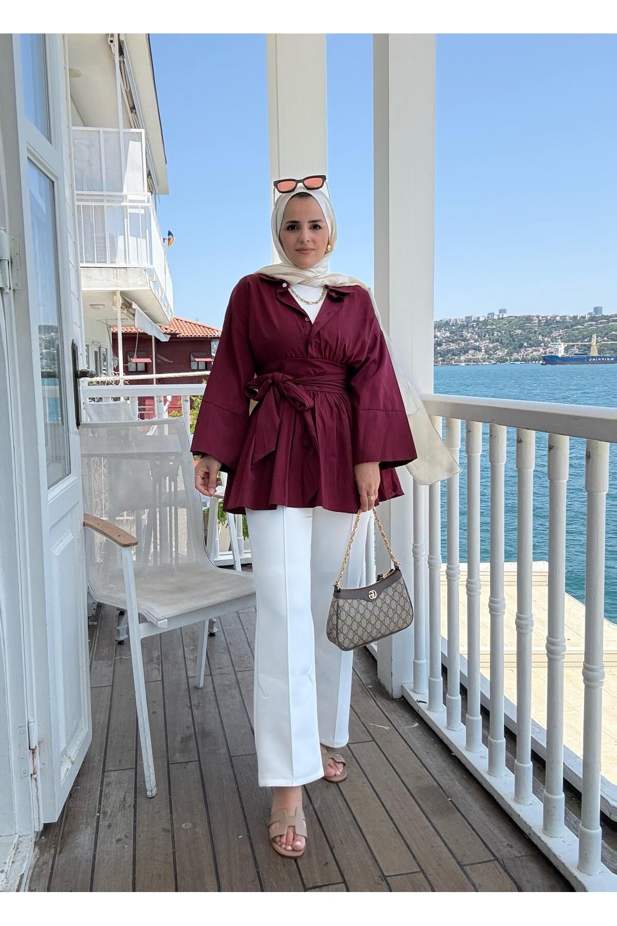 Aselim Hijap Moda Poplin Kimono -Scuba Pantolonlu Gömlekli Takım Bordo