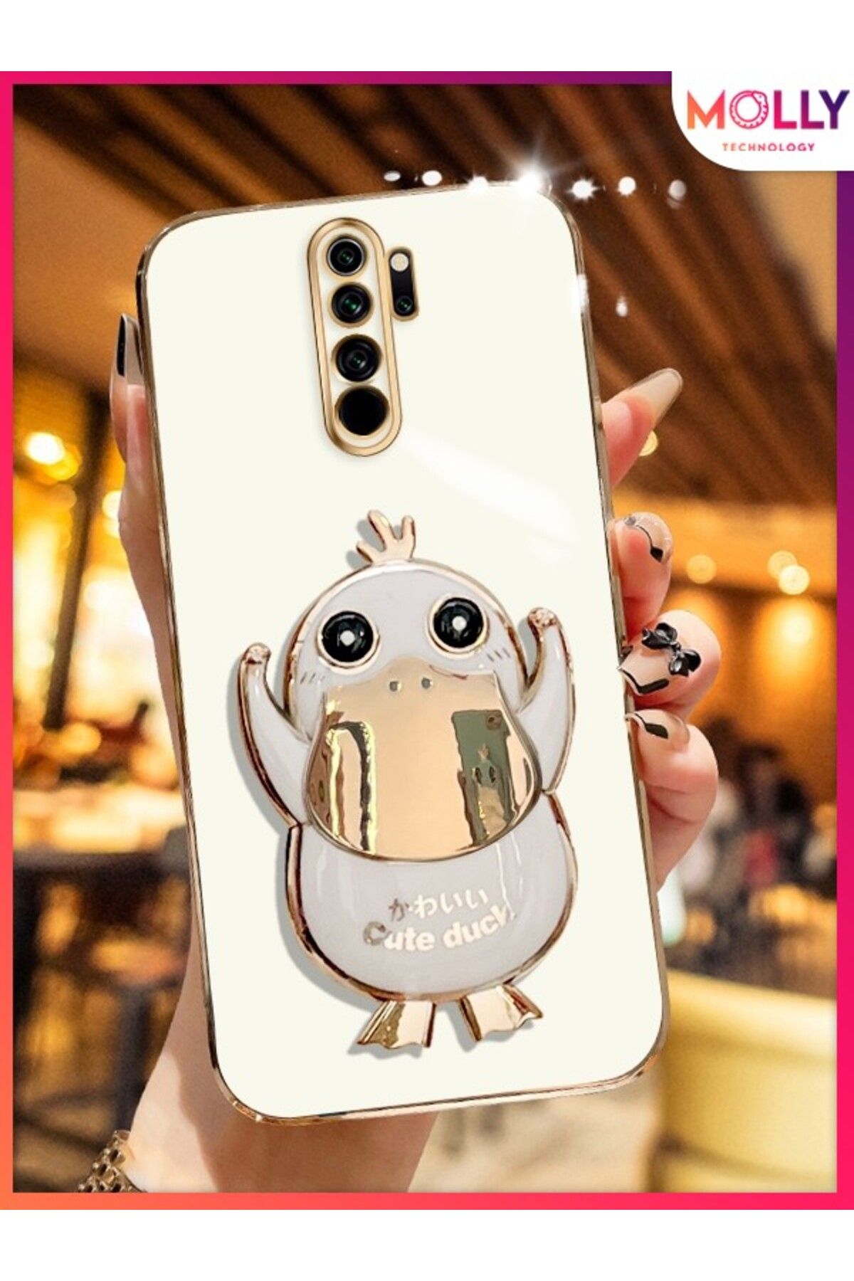 Molly Xiaomi Redmi 9 İçin İnci Beyazı Sevimli Ördek Standlı Kenarları Gold Detaylı Lüks Silikon Kılıf