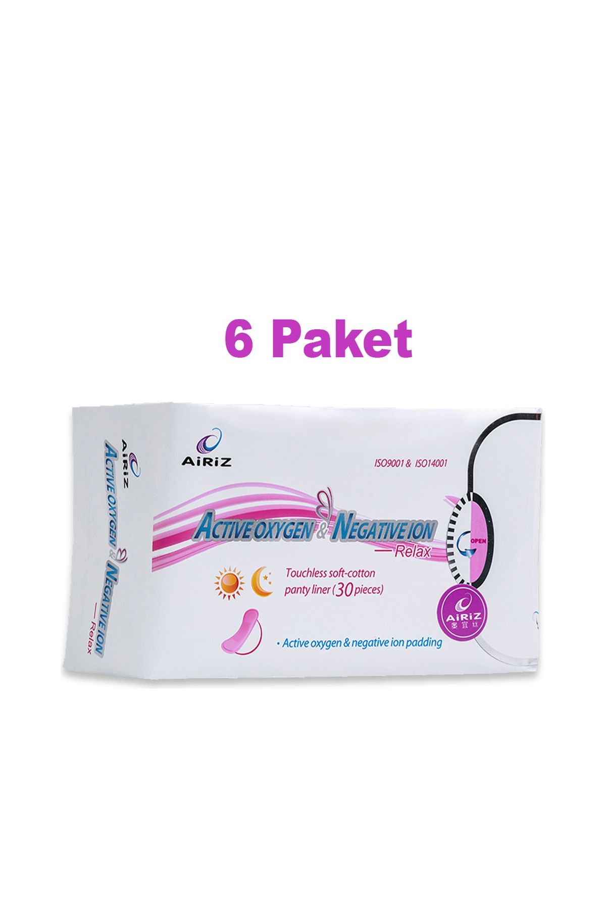 Pembe Gün Airiz Günlük Ped 30'lu - Active Oxygen & Negative Ion - Ince, Ferah ve Koku Önleyici Ped x6 Paket