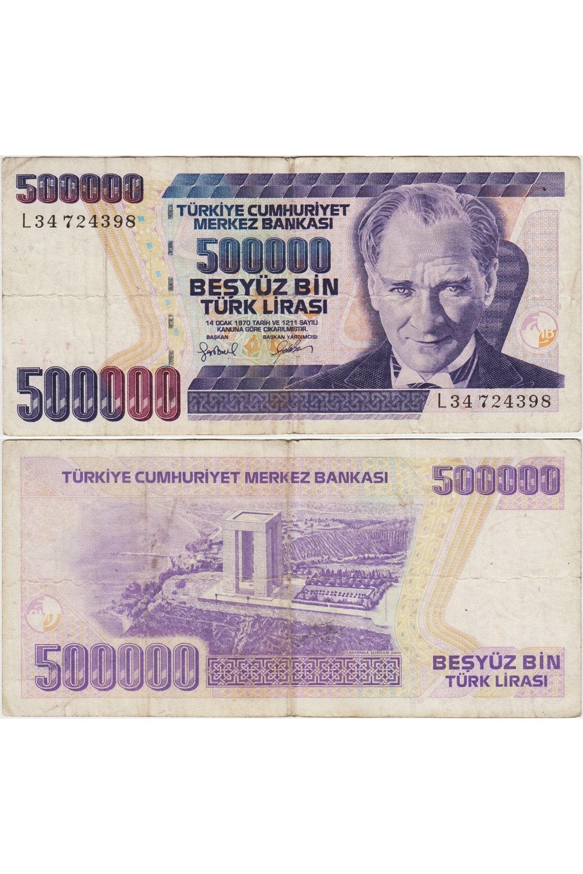 Banknoting TÜRKİYE CUMHURİYETİ 7. EMİSYON 4. TERTİP 500.000 LİRA L34. ÇOK TEMİZ KONDİSYON.
