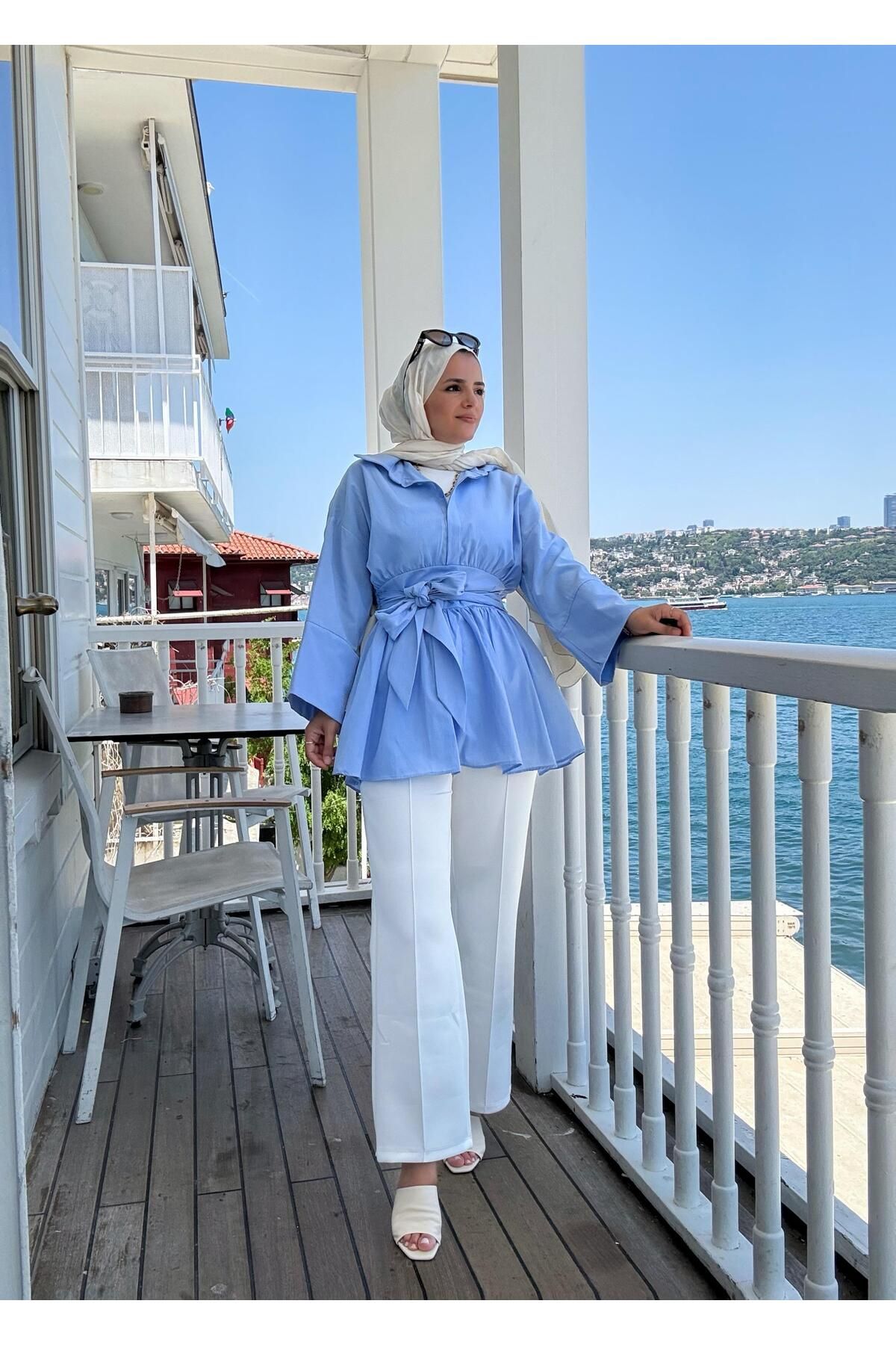 Aselim Hijap Moda Poplin Kimono -Scuba Pantolonlu Gömlekli Takım Mavi