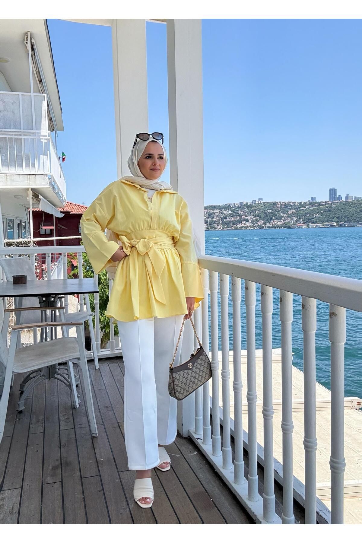 Aselim Hijap Moda Poplin Kimono -Scuba Pantolonlu Gömlekli Takım Sarı