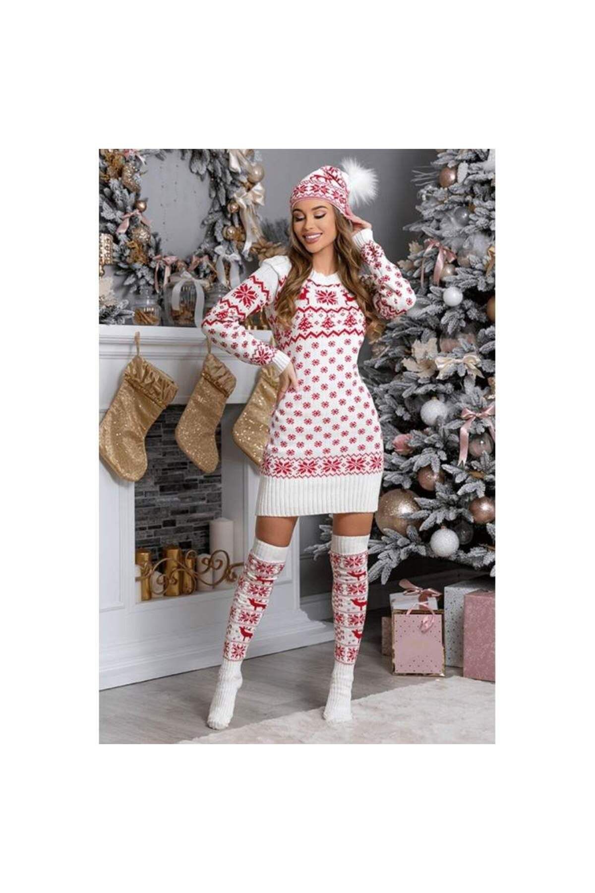 SIKS-Set de Crăciun pentru femei, set tricotaje 3 piese, rochie, șosete lungi, căciulă, alb/roșu, mărime universală 3