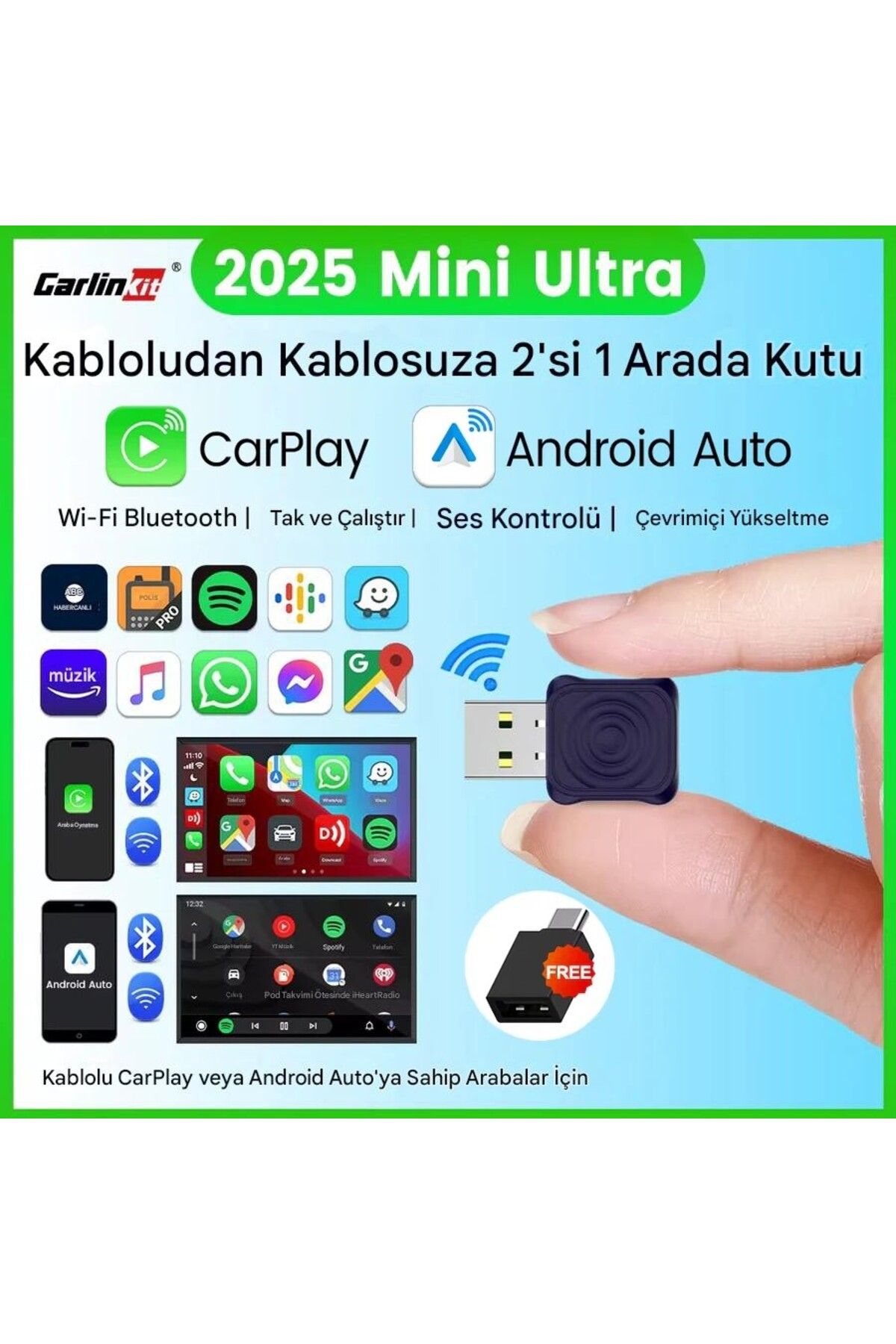 carlinkit Mini Ultra 5.0 Kablosuz CarPlay & Android Auto Adaptörü Tak Çalıştır 2in1 Dual WiFi Hızlı Bağlantı