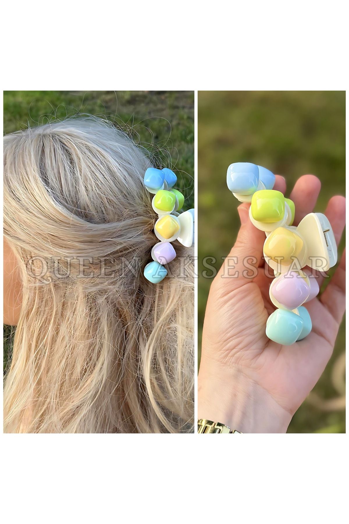 QUEEN AKSESUAR Yeni sevimli şeker Candy taşlı boncuklu rengarenk pastel renkli mandal toka büyük boy yuvarlak