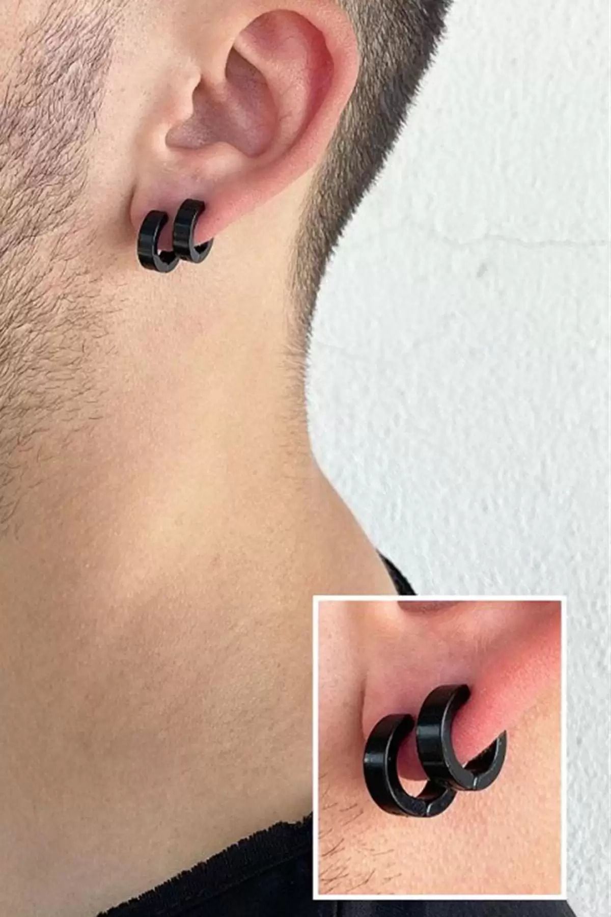 TAYEM Halka Çelik Küpe, Deliksiz Kulaklar İçin Sıkıştırmalı Küpe, Siyah Renk Unisex (Çift)