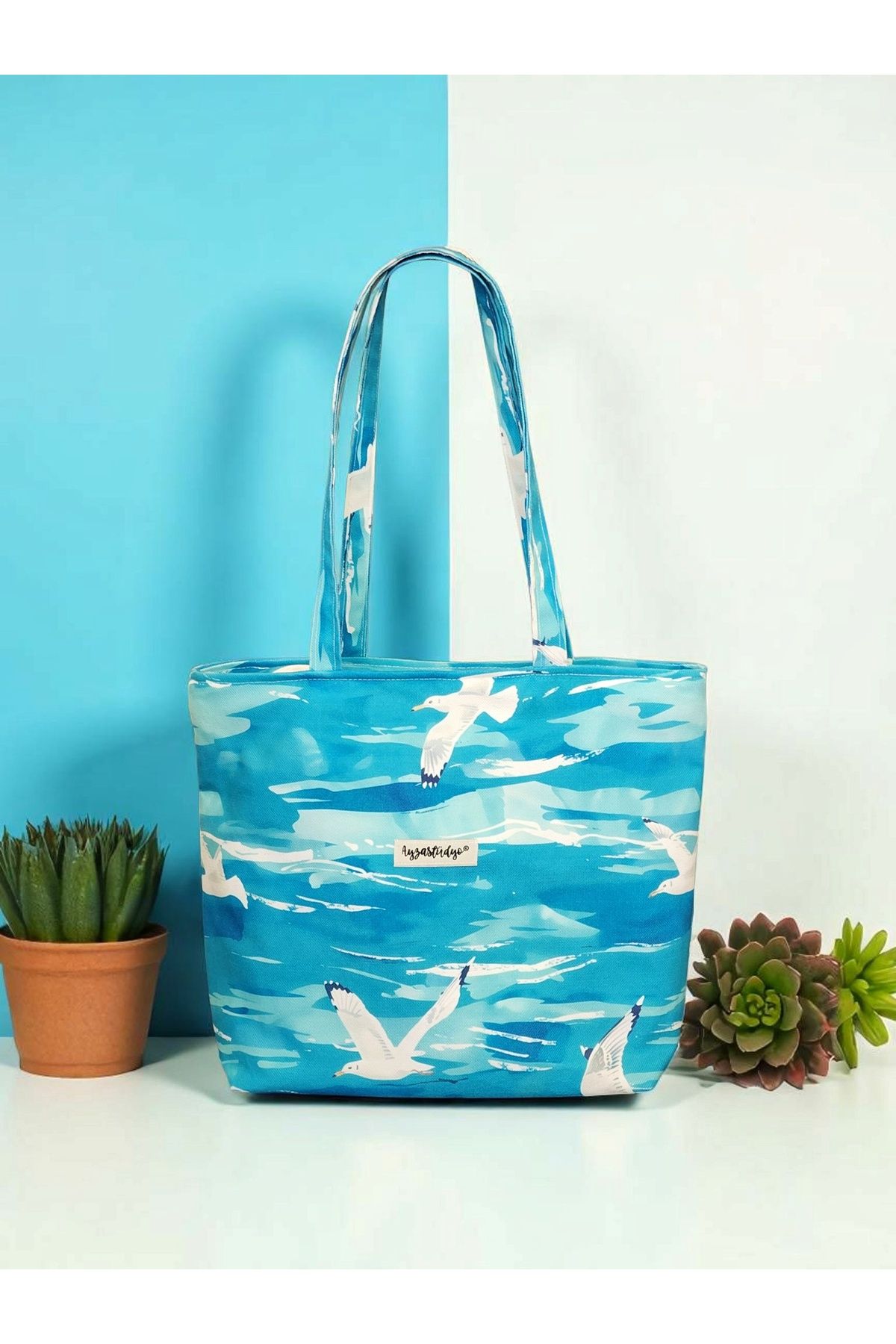 Ayza Stüdyo Martı Desenli Fermuarlı Mavi Tote Çanta (40x33 cm)