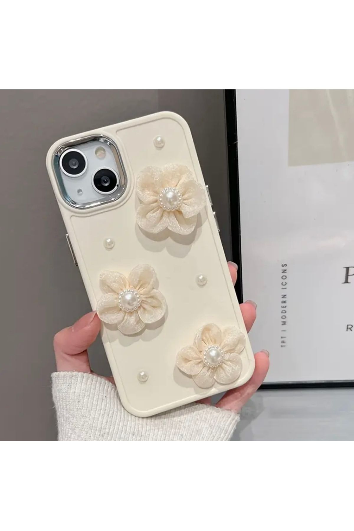 Sane Home Iphone 14 15 Pro Plus Uyumlu Tül Çiçek Tasarımlı Silikon Kılıf Beyaz Kılıf