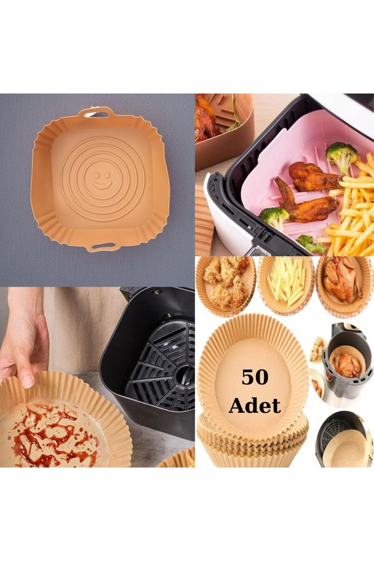 STOREMAX sellbuystore SİLİKON KARE PİŞİRME KABI KAHVE+50 ADET AİRFRYER TEK KULLANIMLIK PİŞİRME KAĞI