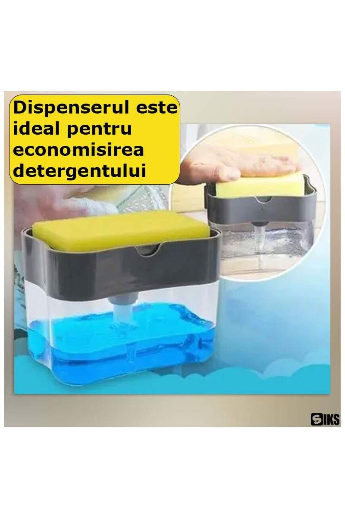 SIKS-Dozator de săpun 2 în 1, suport pentru burete, 380 ml, burete inclus, negru/transparent 4