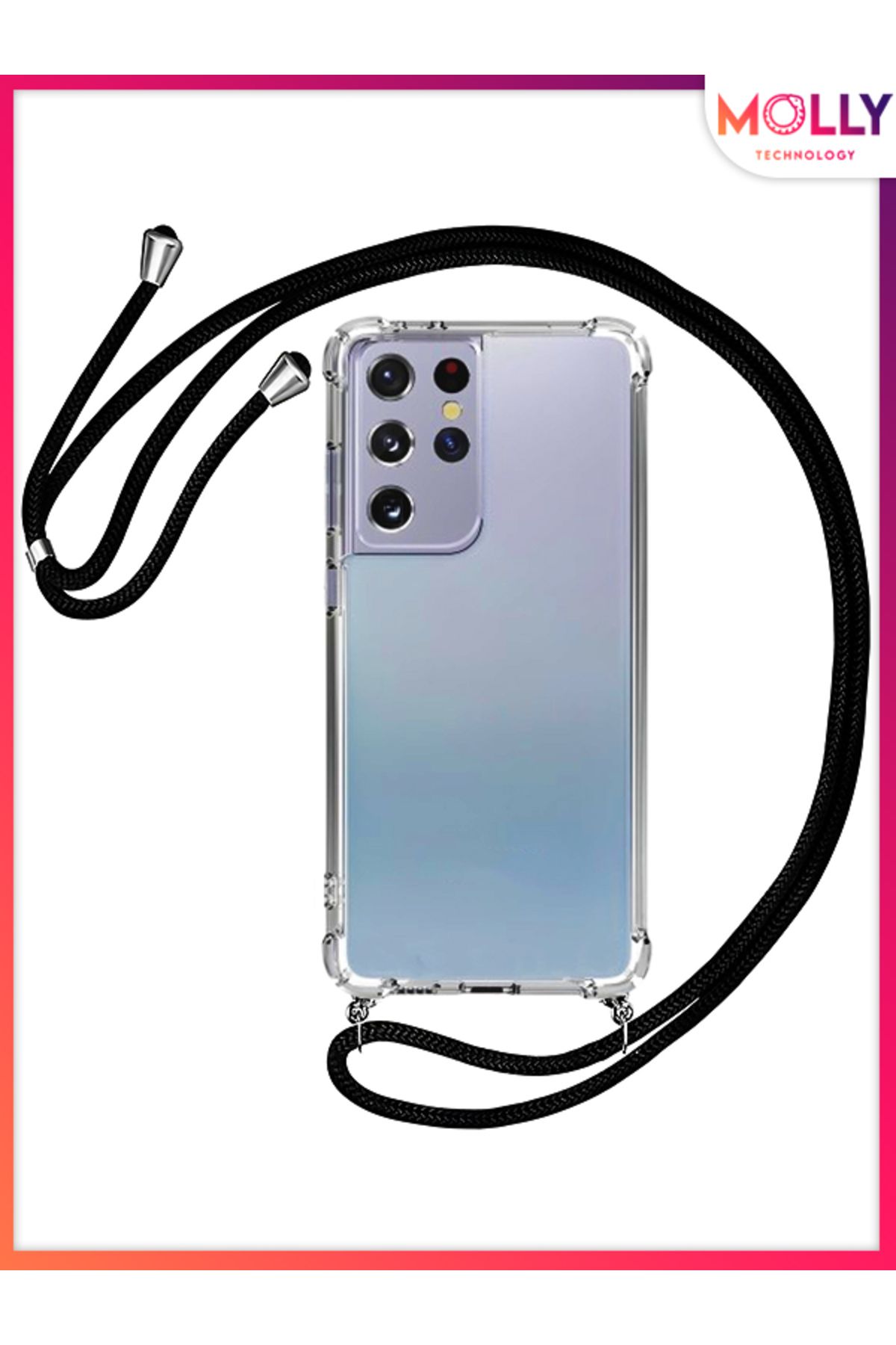 Molly Samsung Galaxy S21 ULTRA Siyah İpli Boyun Askılı Şeffaf Silikon Kılıf