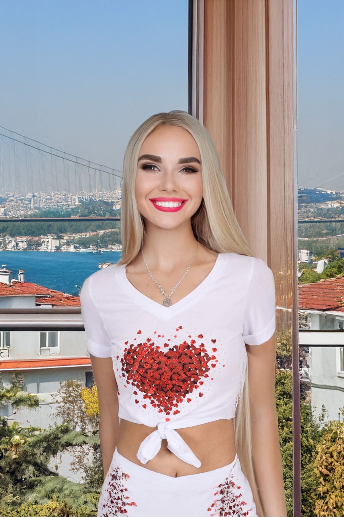 Pia Velle Kırmızı Kalp Desenli Bağlamalı Crop Kadın Tişört – V Yaka