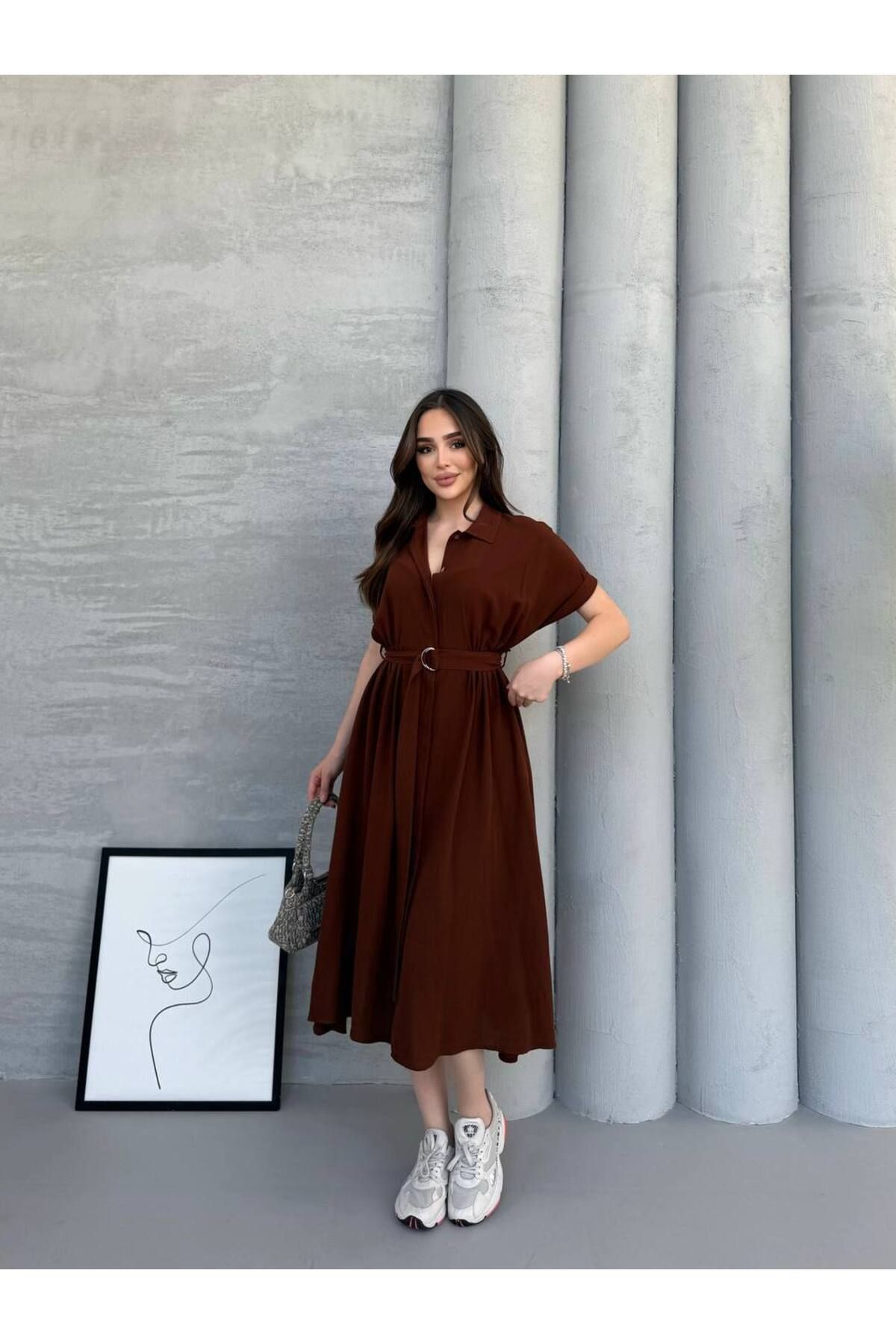 moda paketi Keten Midi Boy Kemerli Elbise