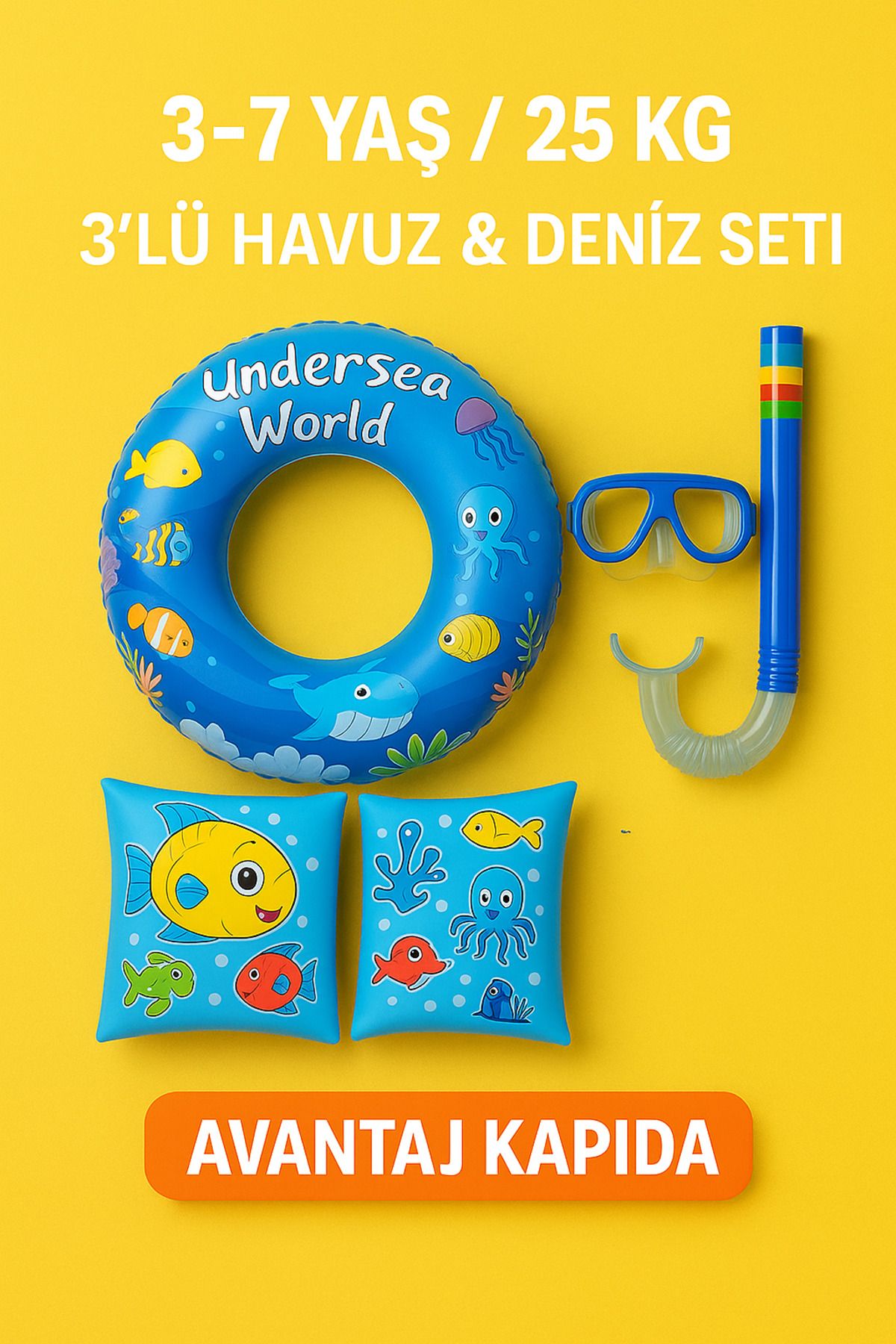 Avantaj Kapıda Çocuk 3’lü Havuz & Deniz Seti – Simit, Kolluk, Gözlük Şnorkel (3–7 Yaş / 25 kg)