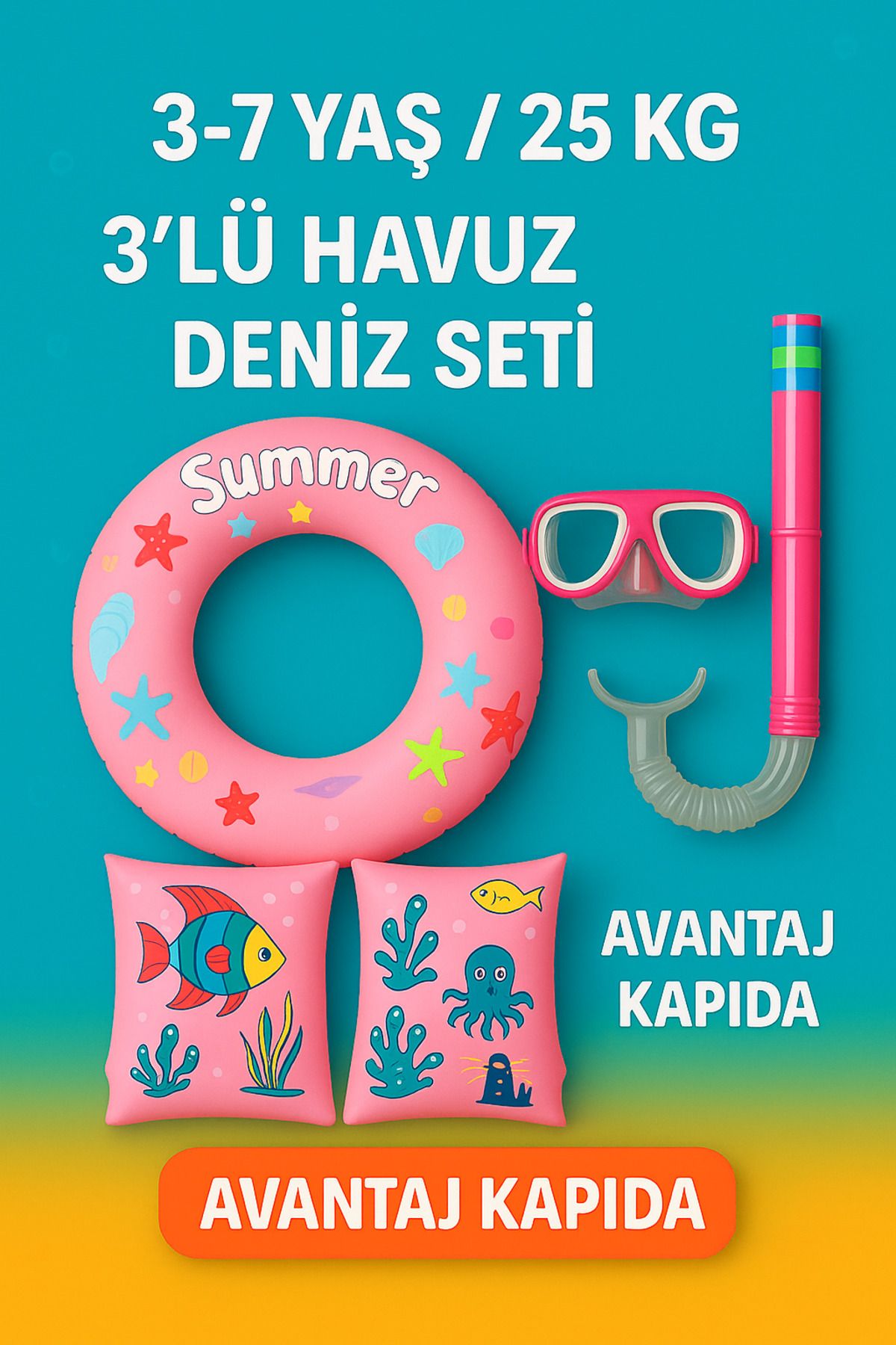 Avantaj Kapıda Çocuk 3’lü Havuz & Deniz Seti – Simit, Kolluk, Gözlük Şnorkel (3–7 Yaş / 25 kg)