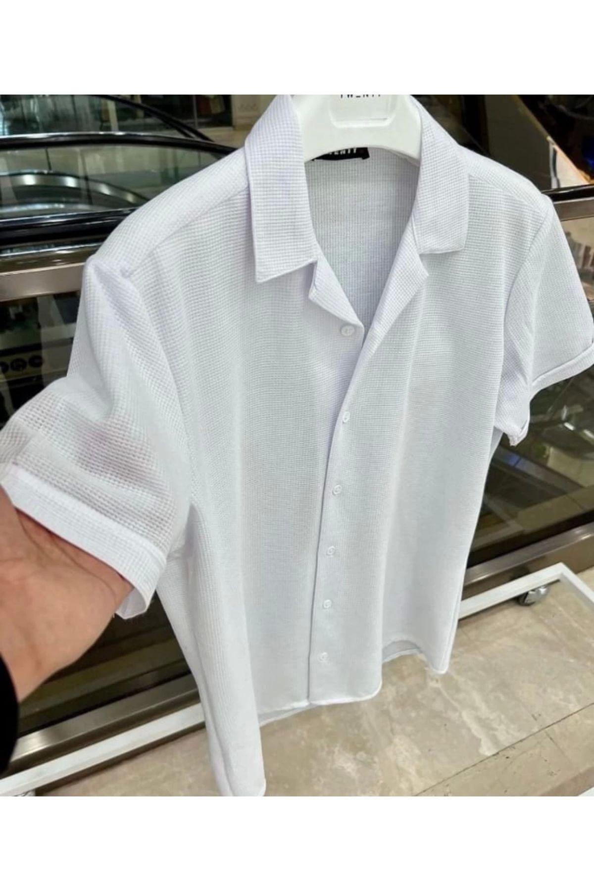 Store %100 Pamuk Slim Fit Yazlık Erkek Kısa Kol Beyaz Gömlek
