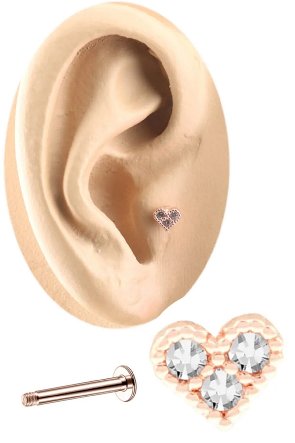 Cadının Dükkanı Zirkon Taşlı Rose Kalp Tragus-Helix-Kıkırdak Piercing