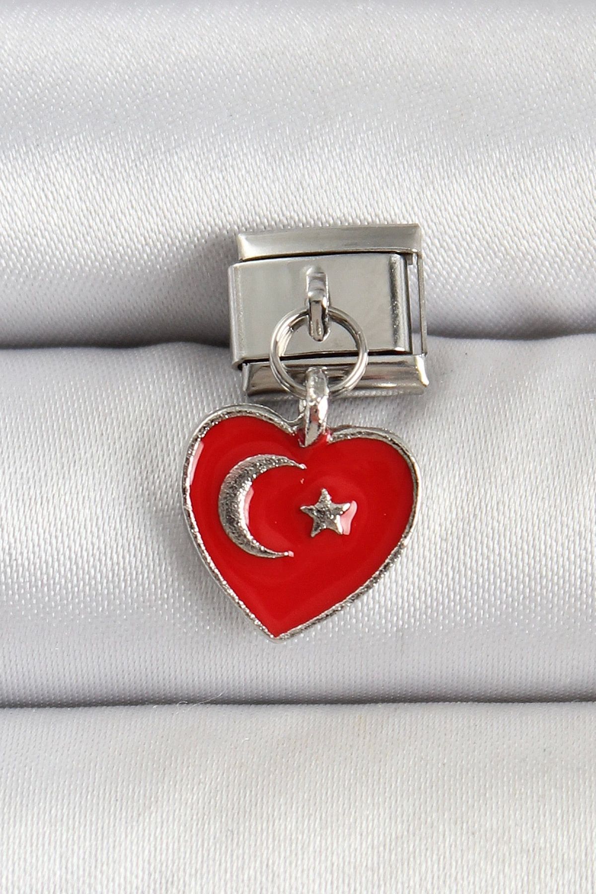 luz&pos 316L Çelik Gümüş Renk Kalp Türk Bayrağı Model Nomination Charm