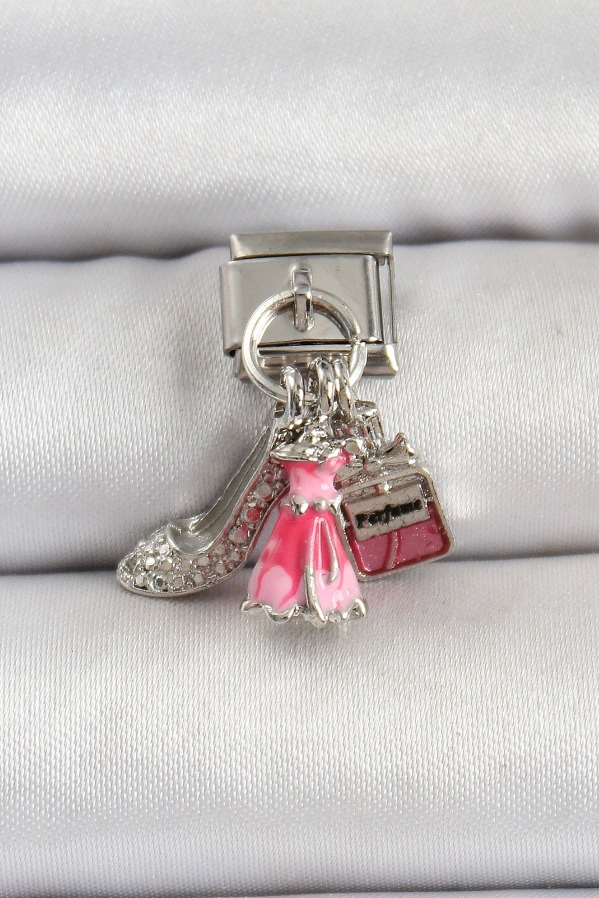 luz&pos 316L Çelik Gümüş Renk Pembe Elbise Kombini Model Nomination Charm