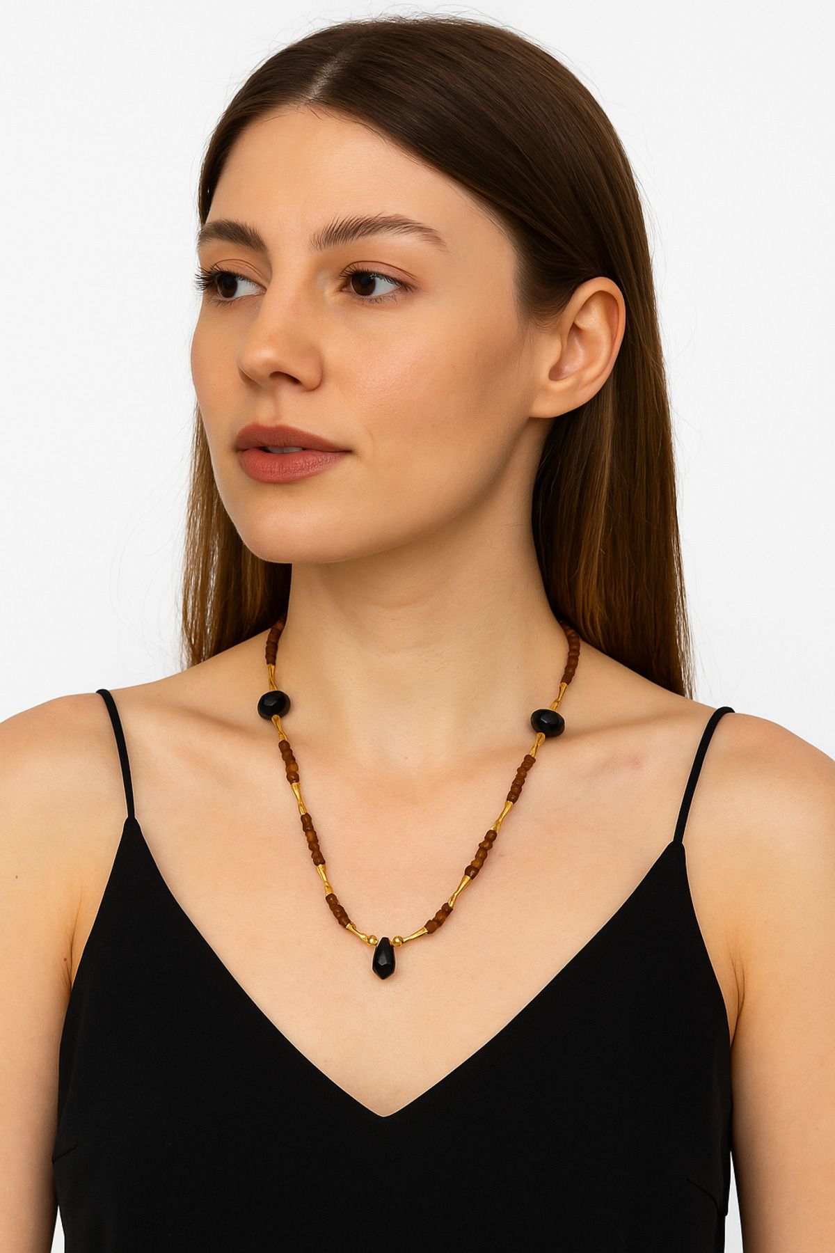 She Sells Amber Noir Kahverengi Gold ve Siyah Boncuklu Kolye