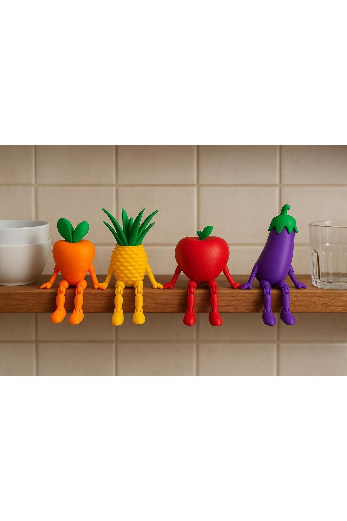 DEKORANLA Renkli 4'lü Mutfak Dekoratif Figür Seti, Havuç, Ananas, Domates, Patlıcan