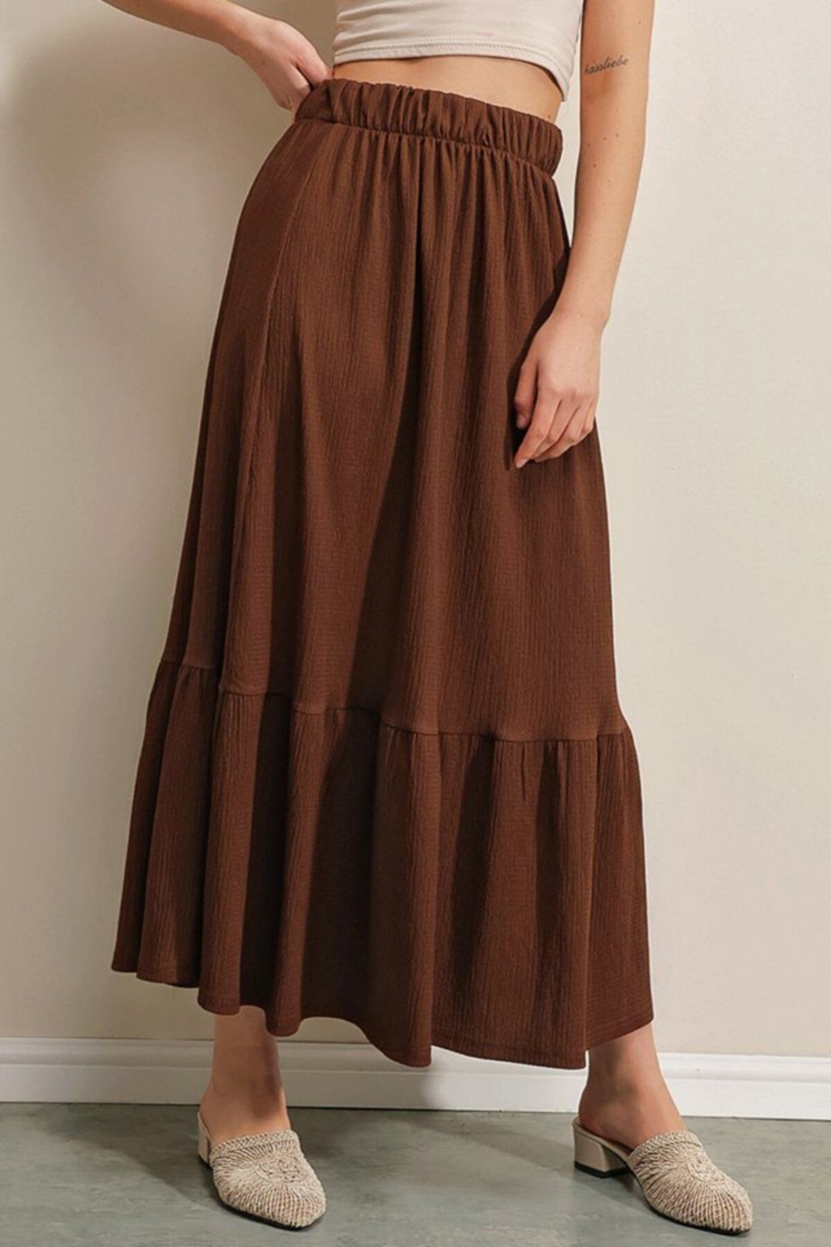 Kokosh moda 1886 Uzun Örme Etek - Kahverengi