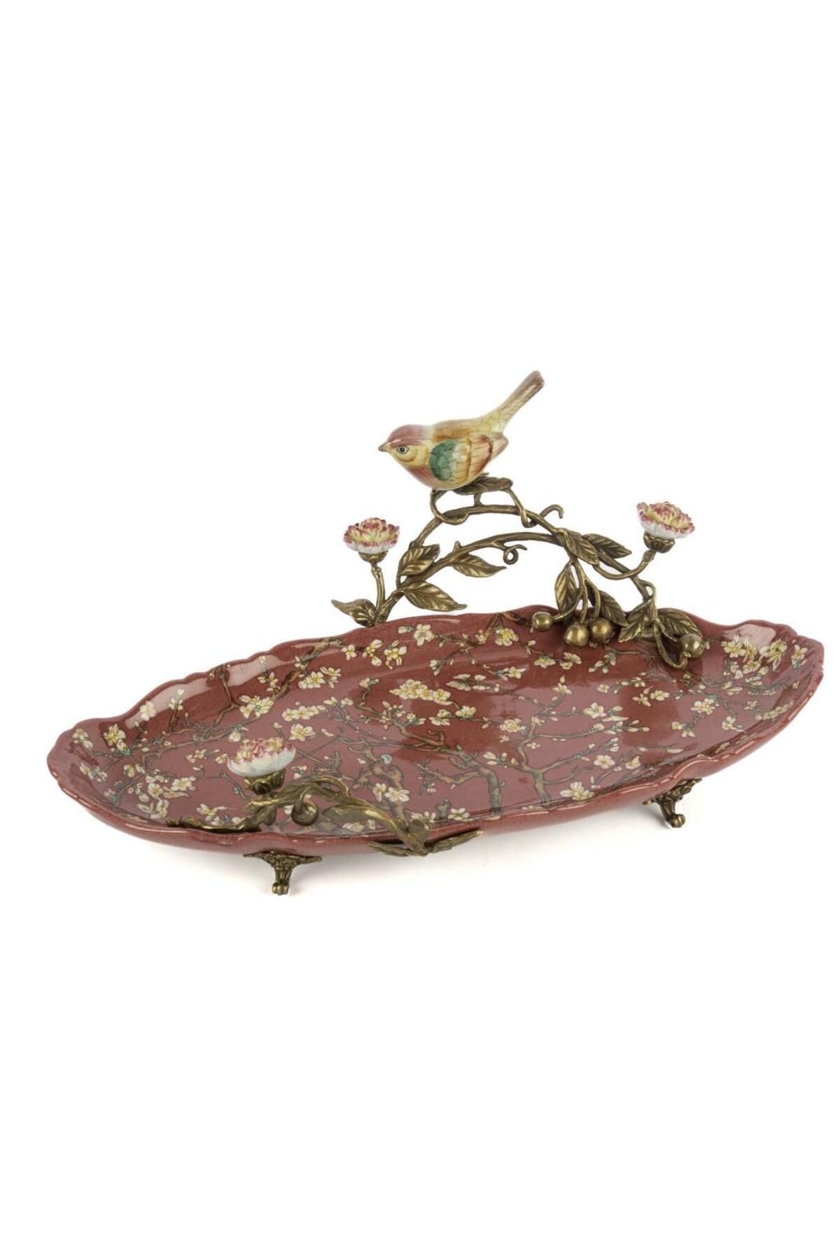 DEKORANLA Renkli Kuş Desenli Oval Ayaklı Tabak 40x26x15cm