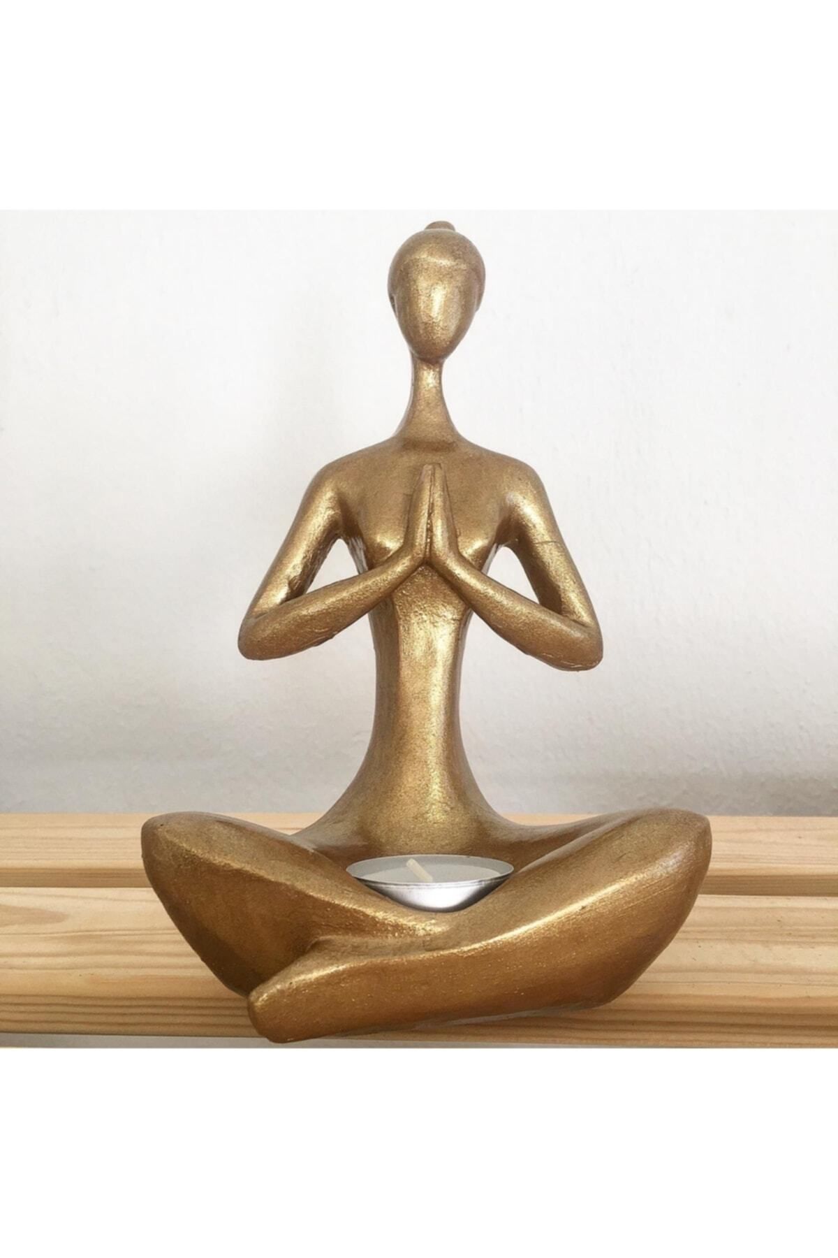 DEKORANLA Yoga yapan kadın figürlü antik altın küçük biblo, şık dekorasyon ürünü