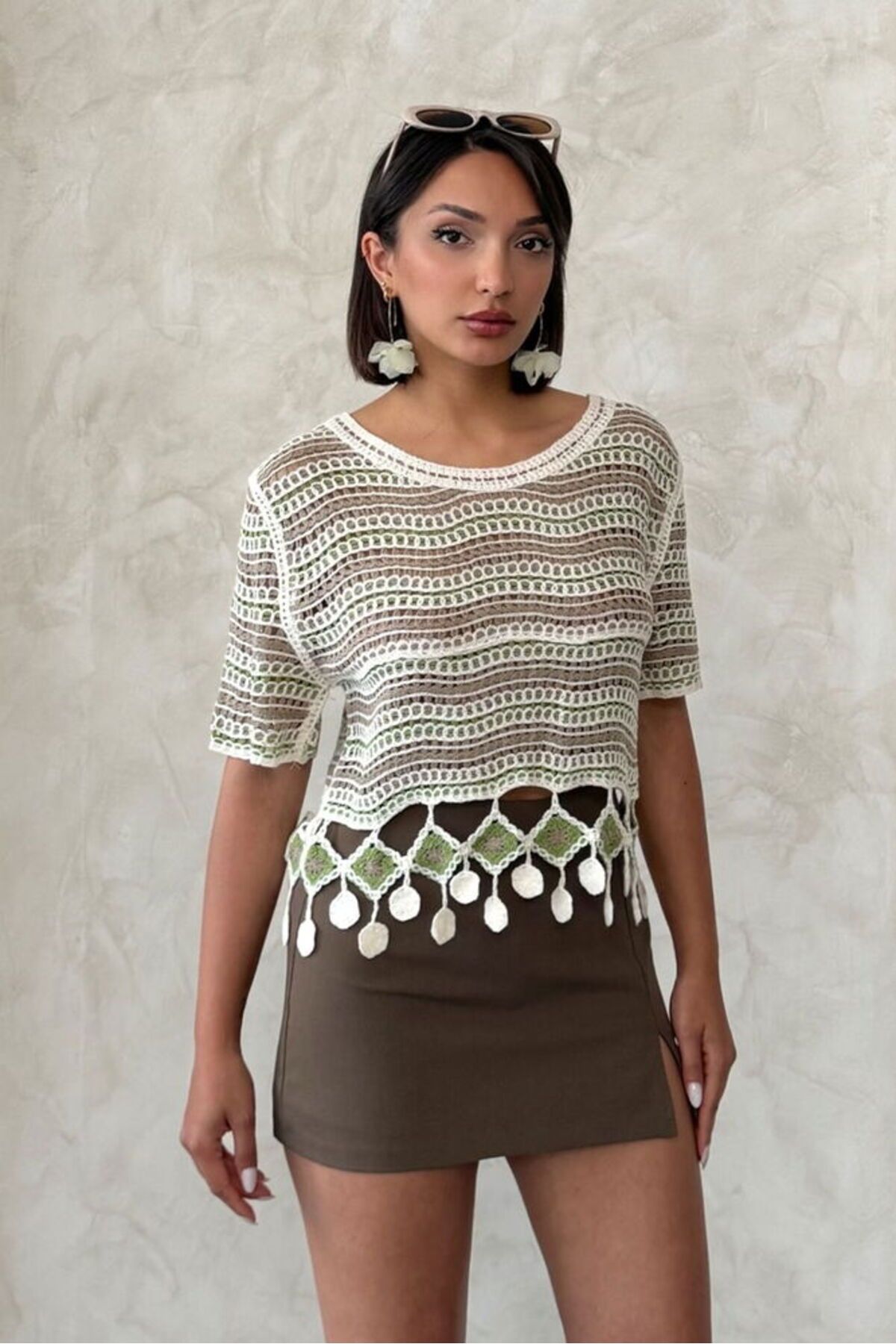 Castivo Fashion Ponpon Detaylı Renkli File Örgü Bluz
