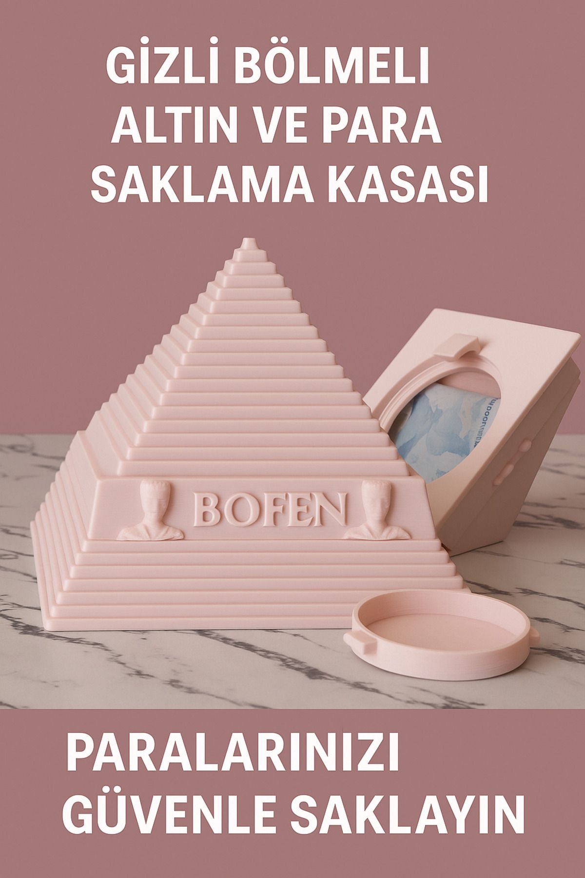 DEKORANLA Şık Piramit Tasarımlı Gizli Bölmeli Altın ve Para Saklama Kutusu Bej