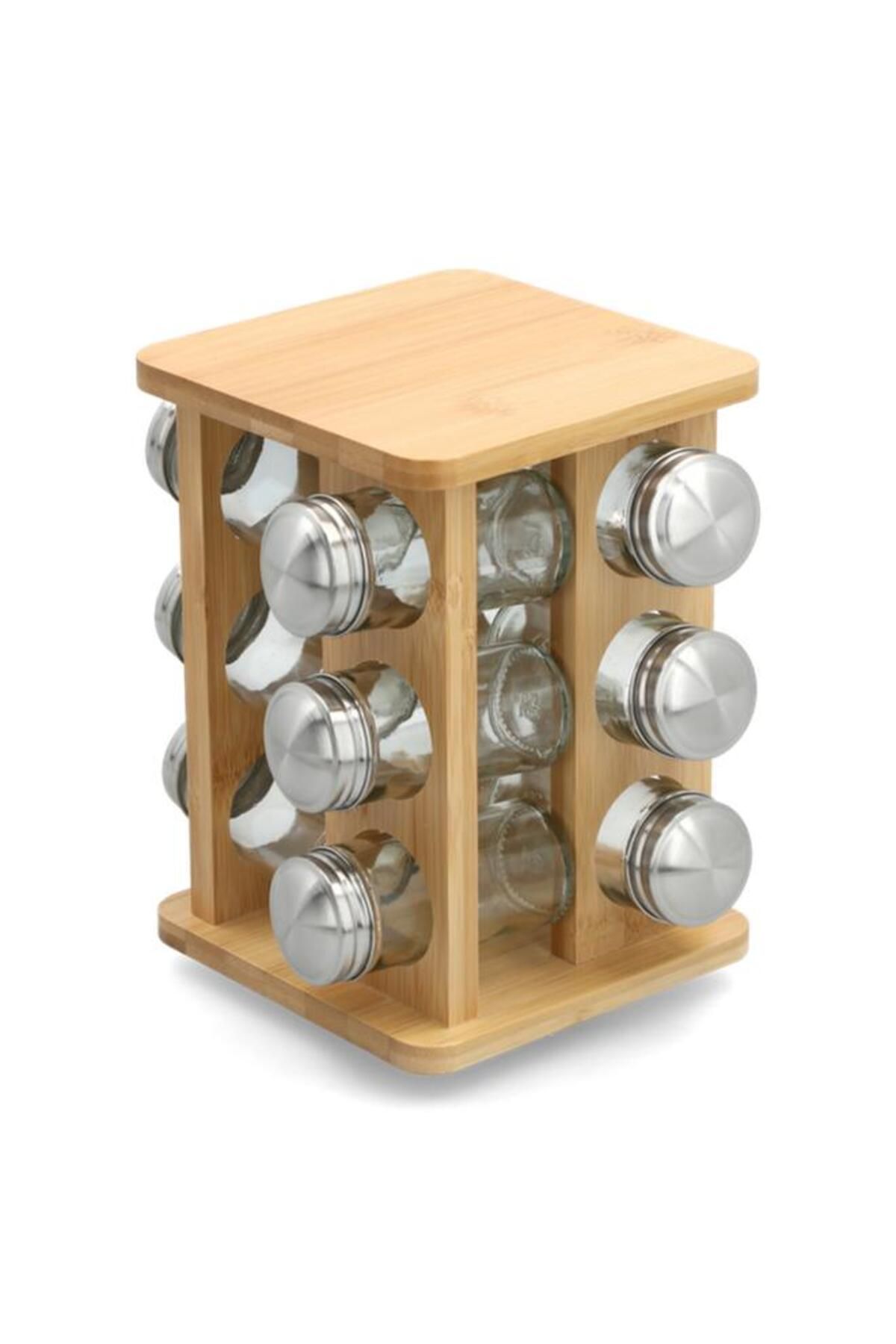 Generic-Bien Servi 12-Piece Bamboo Spice Jar Set with Rotating Stand Clear and Brown G17-X265 2